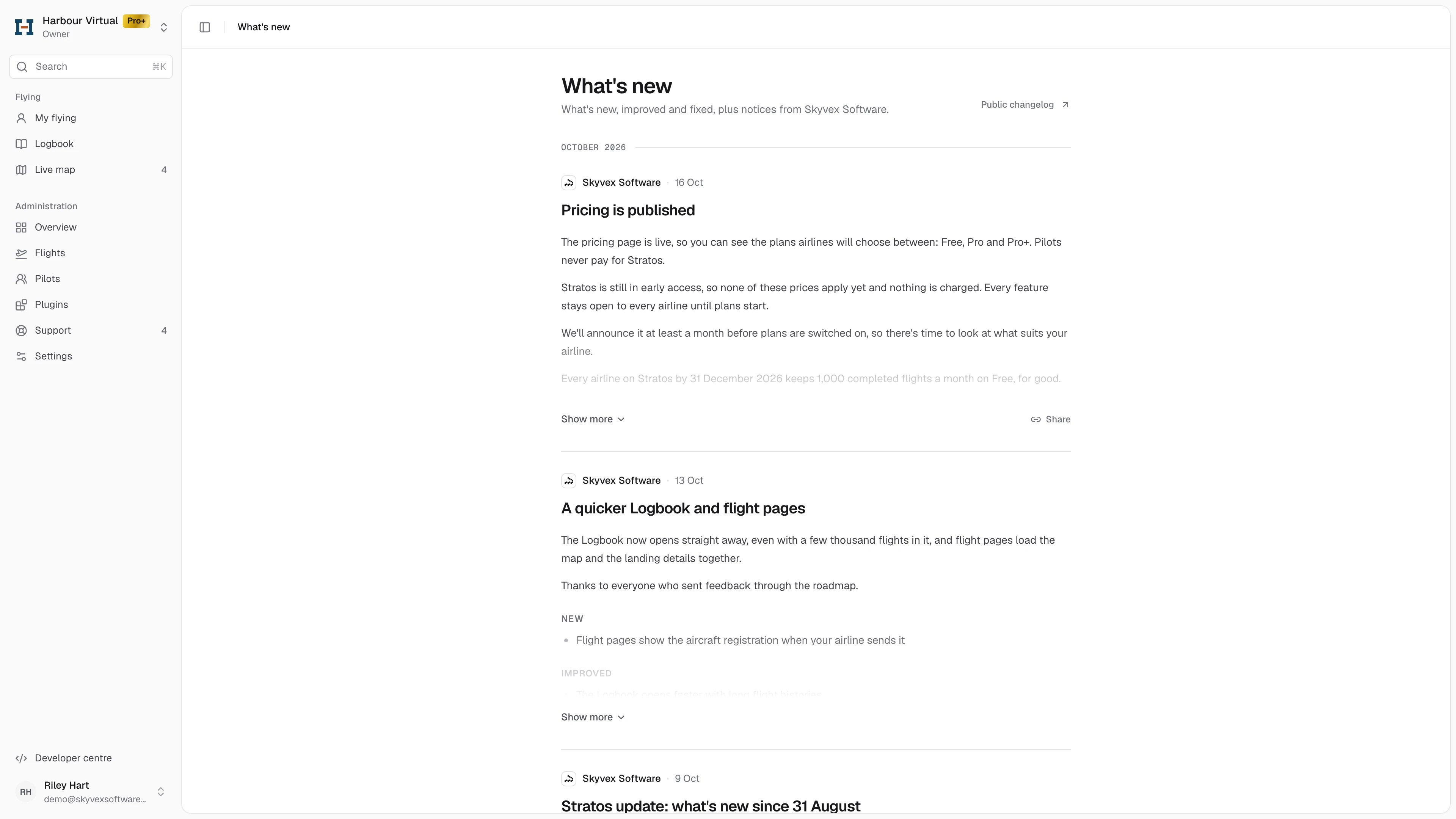 What's new: posts by month, newest first, with Public changelog at the top