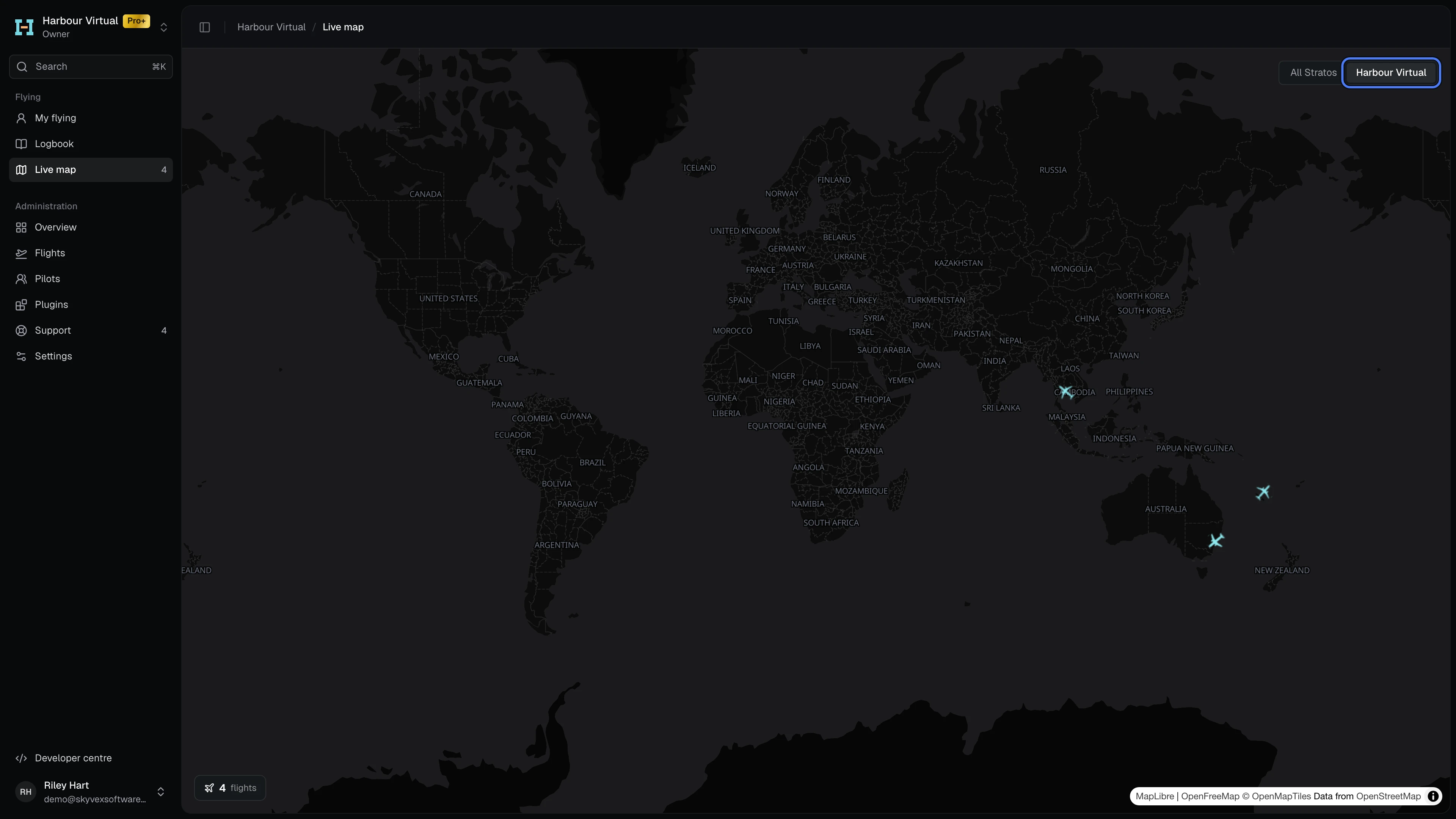 The live map showing only Harbour Virtual's flights, with the switch between All Stratos and Harbour Virtual