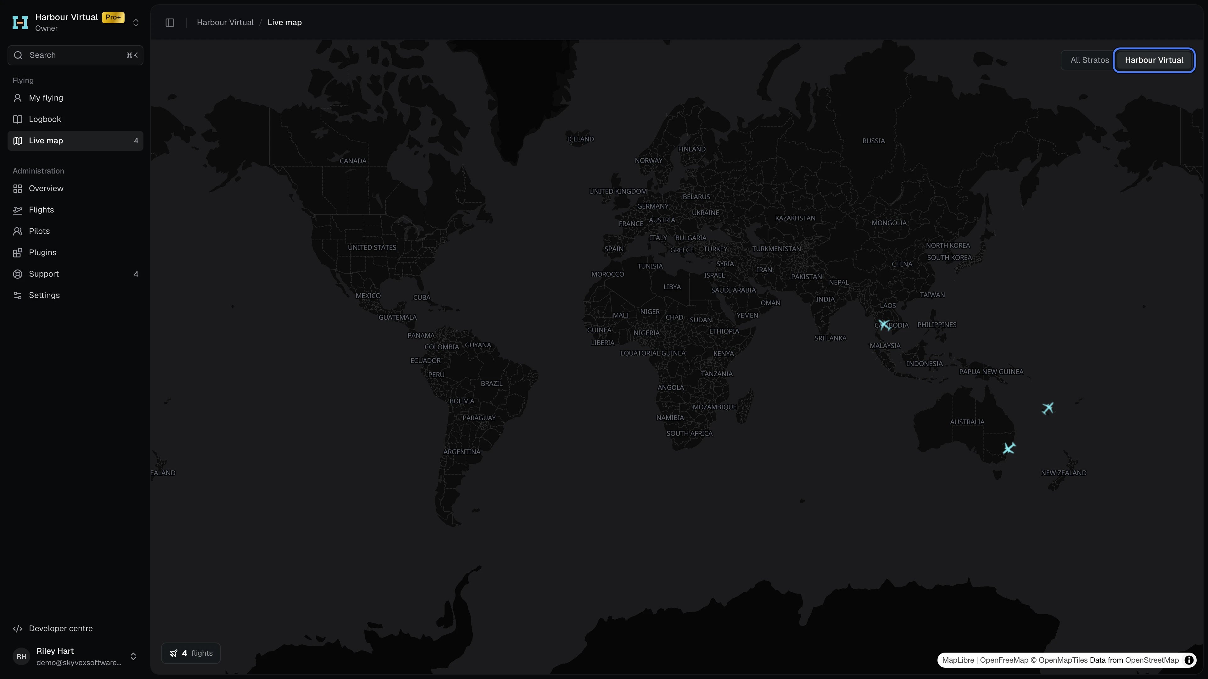 The live map showing only Harbour Virtual's flights, with the switch between All Stratos and Harbour Virtual