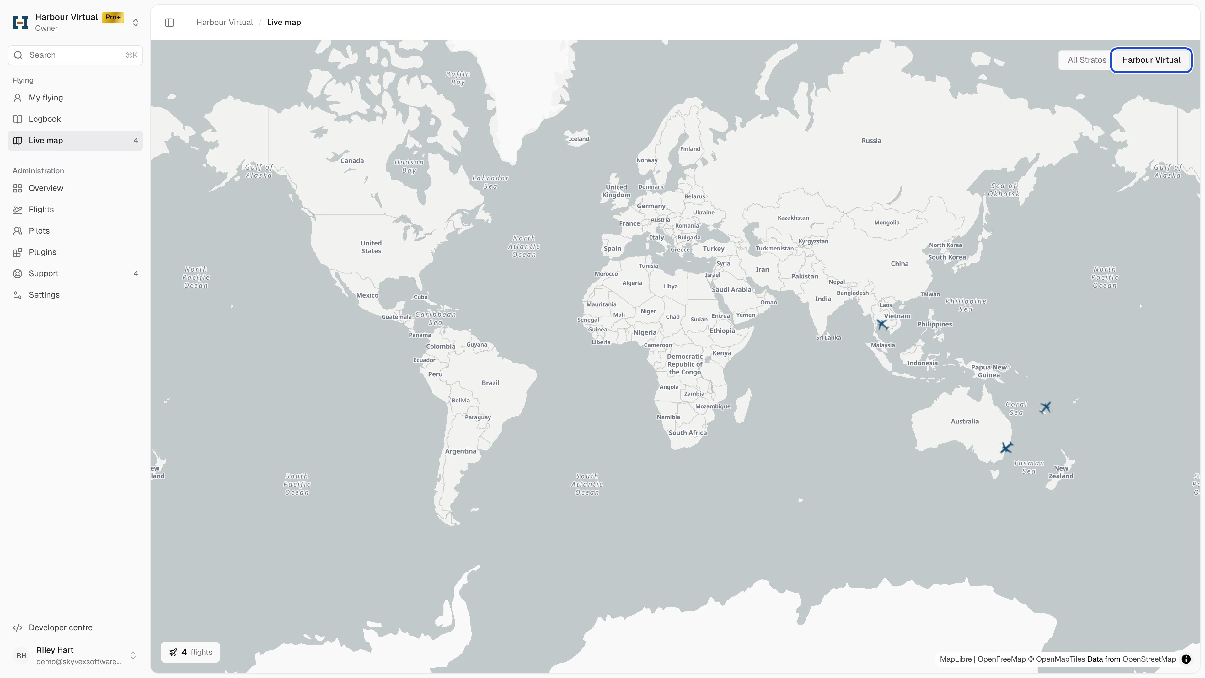 The live map showing only Harbour Virtual's flights, with the switch between All Stratos and Harbour Virtual