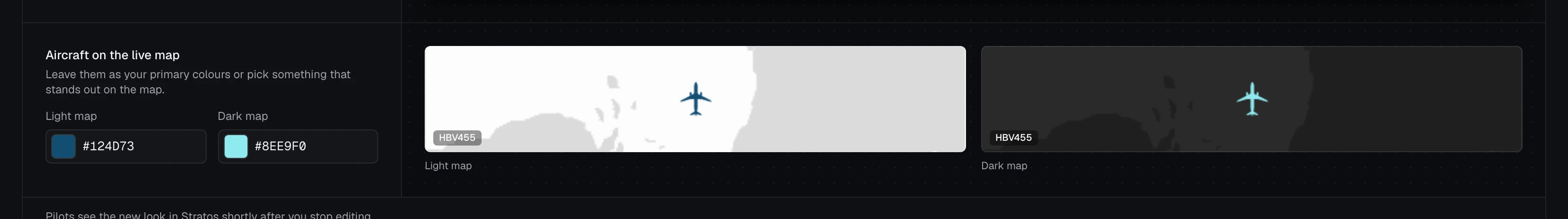 Settings, Colours tab: Aircraft on the live map, with a colour for the light map and one for the dark map, and a preview of each