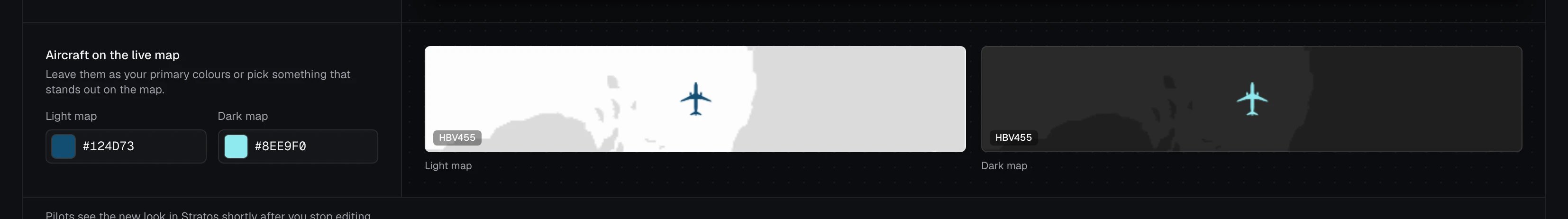 Settings, Colours tab: Aircraft on the live map, with a colour for the light map and one for the dark map, and a preview of each