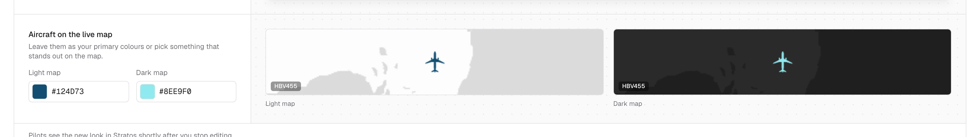 Settings, Colours tab: Aircraft on the live map, with a colour for the light map and one for the dark map, and a preview of each