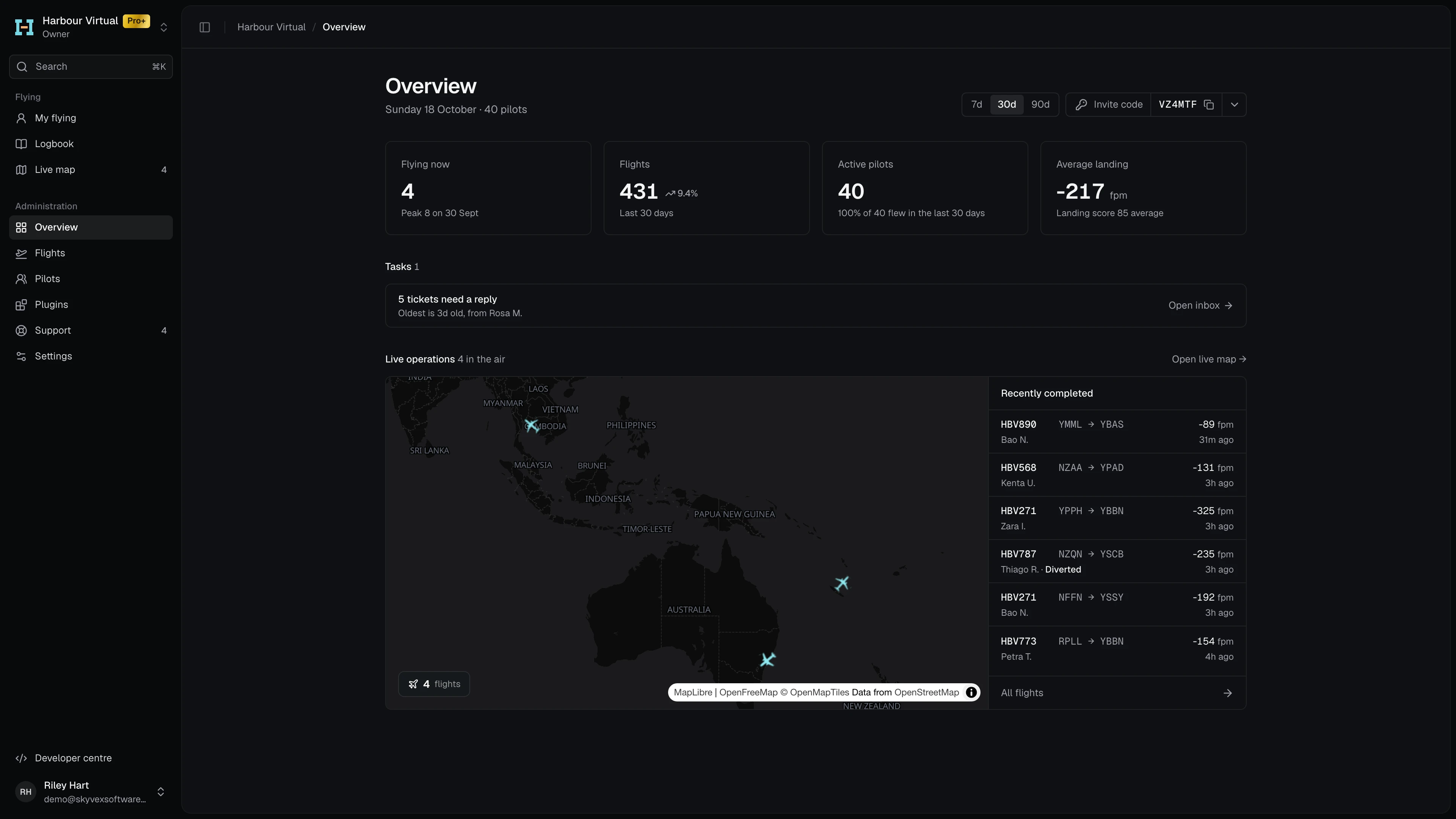 Harbour Virtual's Overview: the period switch and invite code, the four stat cards, Tasks, and Live operations with the map and Recently completed