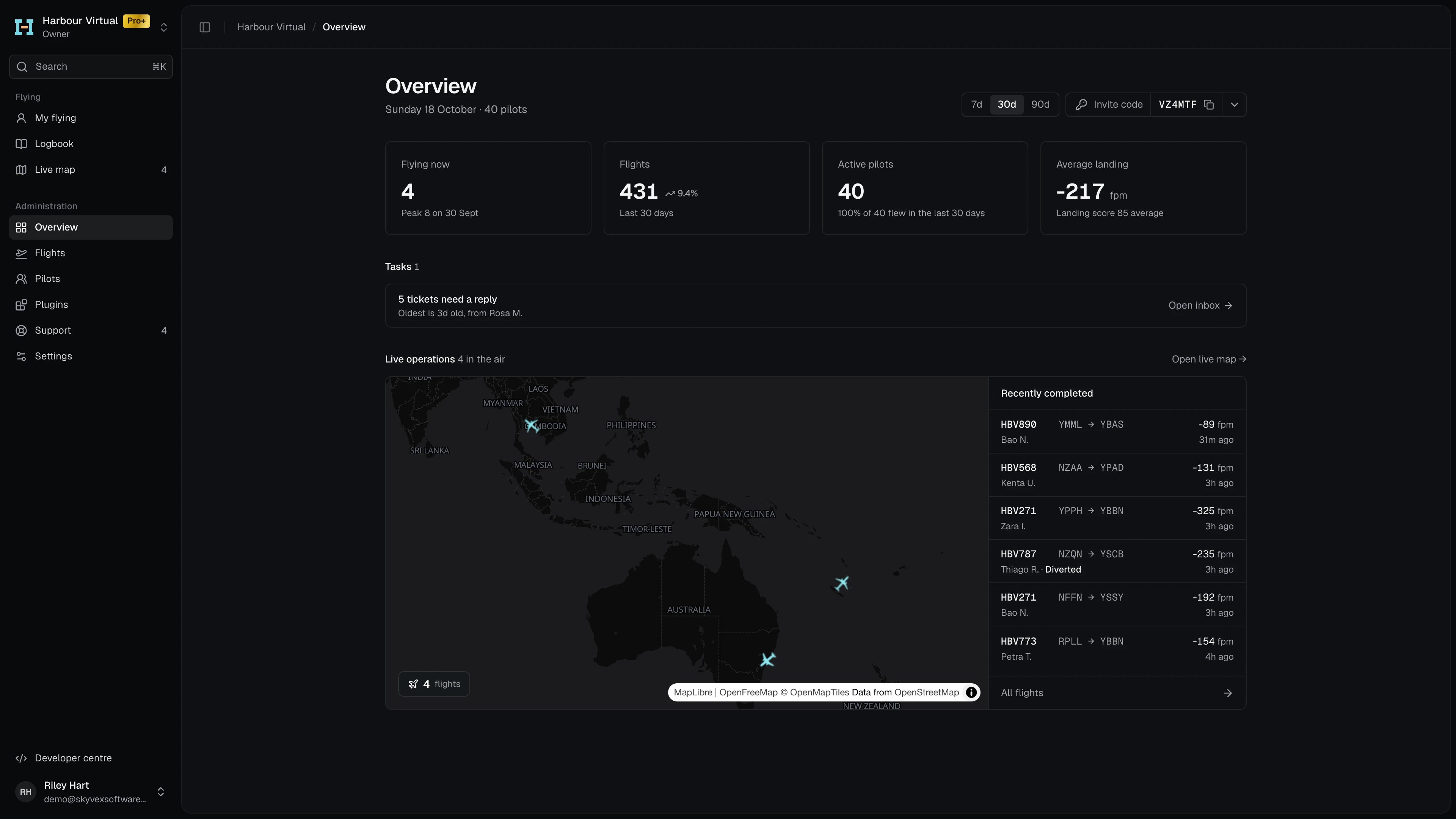 Harbour Virtual's Overview: the period switch and invite code, the four stat cards, Tasks, and Live operations with the map and Recently completed