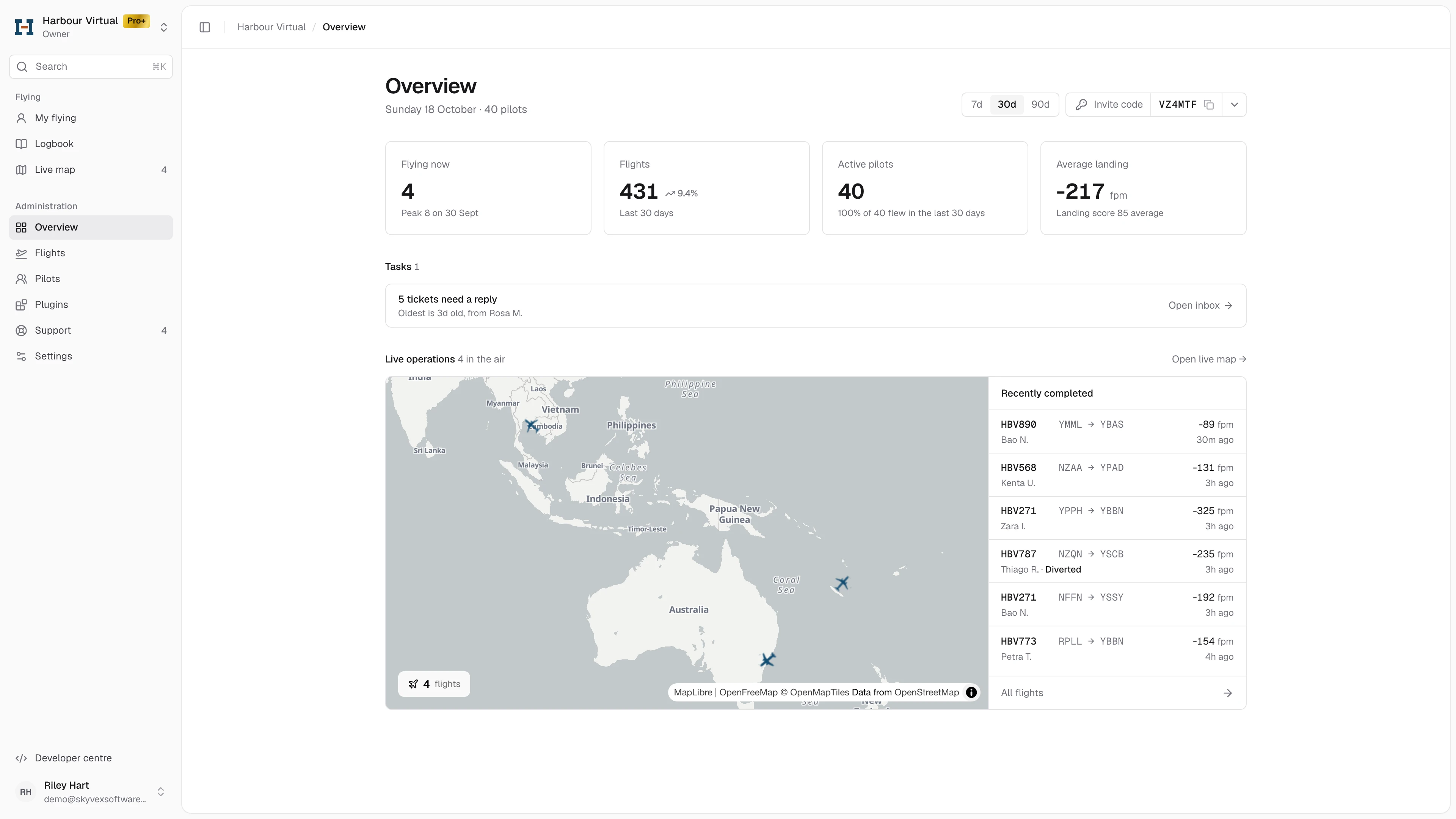 Harbour Virtual's Overview: the period switch and invite code, the four stat cards, Tasks, and Live operations with the map and Recently completed