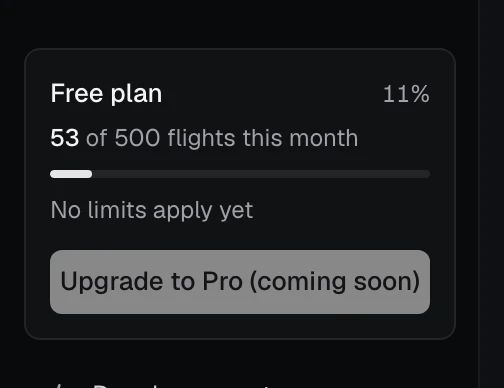 The Free plan card in the sidebar: this month's flights against the allowance, when it resets, and Upgrade to Pro