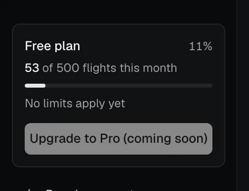 The Free plan card in the sidebar: this month's flights against the allowance, when it resets, and Upgrade to Pro