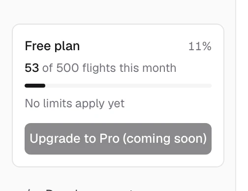 The Free plan card in the sidebar: this month's flights against the allowance, when it resets, and Upgrade to Pro