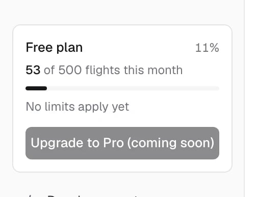 The Free plan card in the sidebar: this month's flights against the allowance, when it resets, and Upgrade to Pro