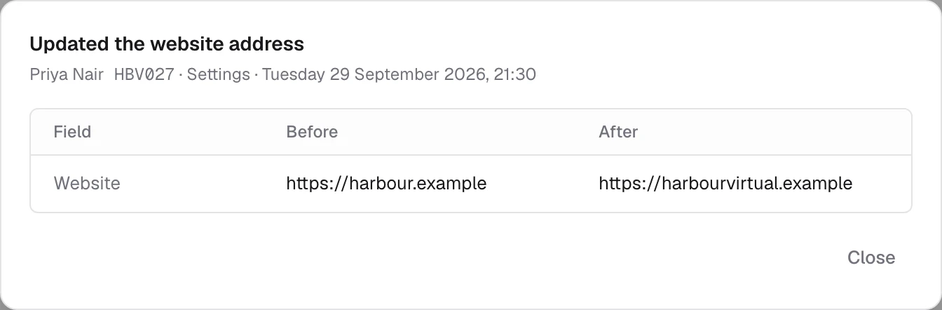 One change opened from the Activity tab, with each field before and after