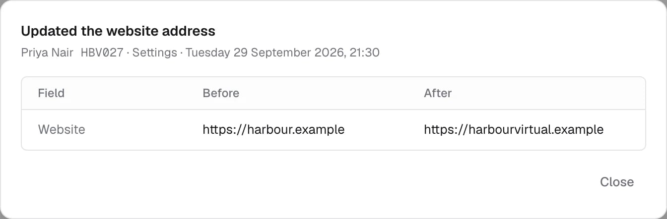 One change opened from the Activity tab, with each field before and after