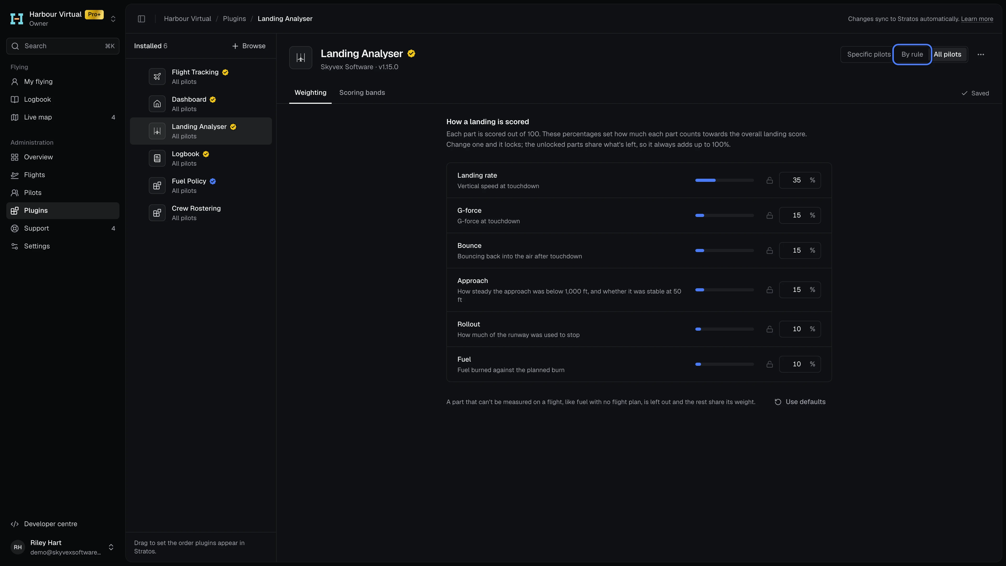 Landing Analyser's header, with Specific pilots, By rule and All pilots beside its menu