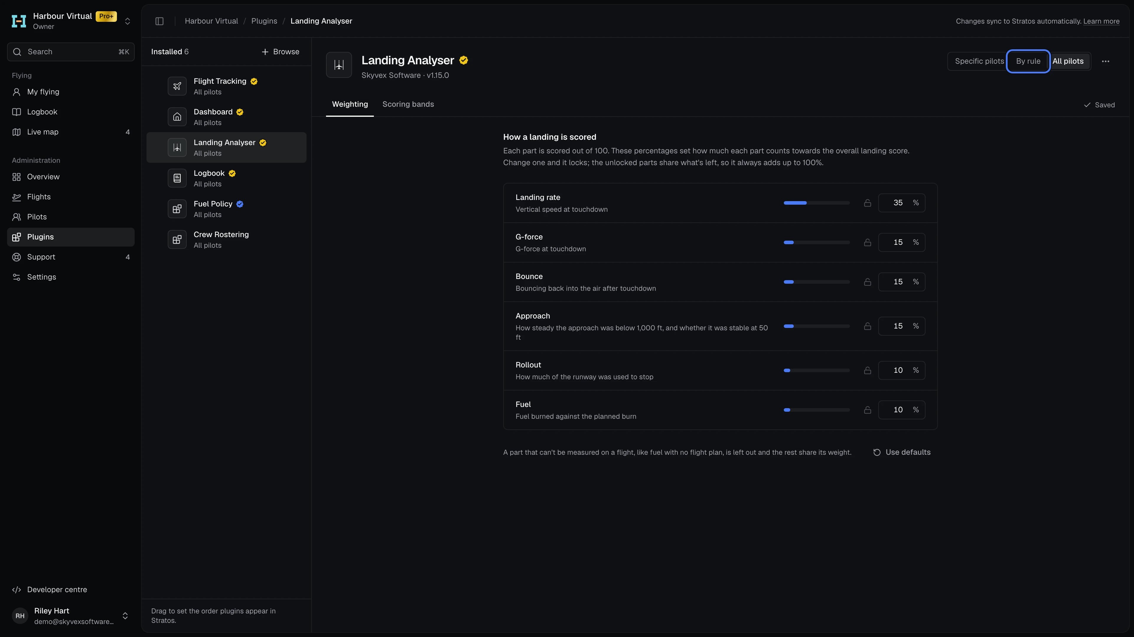 Landing Analyser's header, with Specific pilots, By rule and All pilots beside its menu