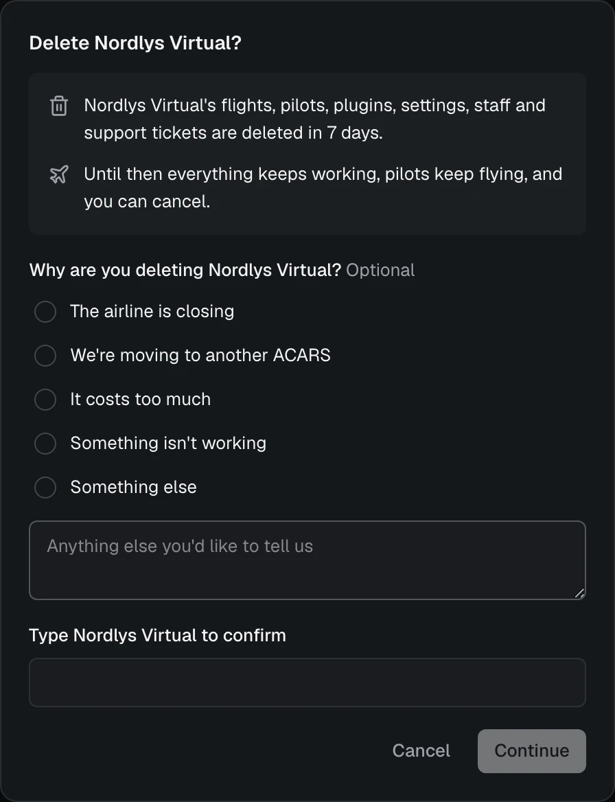 Delete Nordlys Virtual: what happens, an optional reason, and typing the name to confirm
