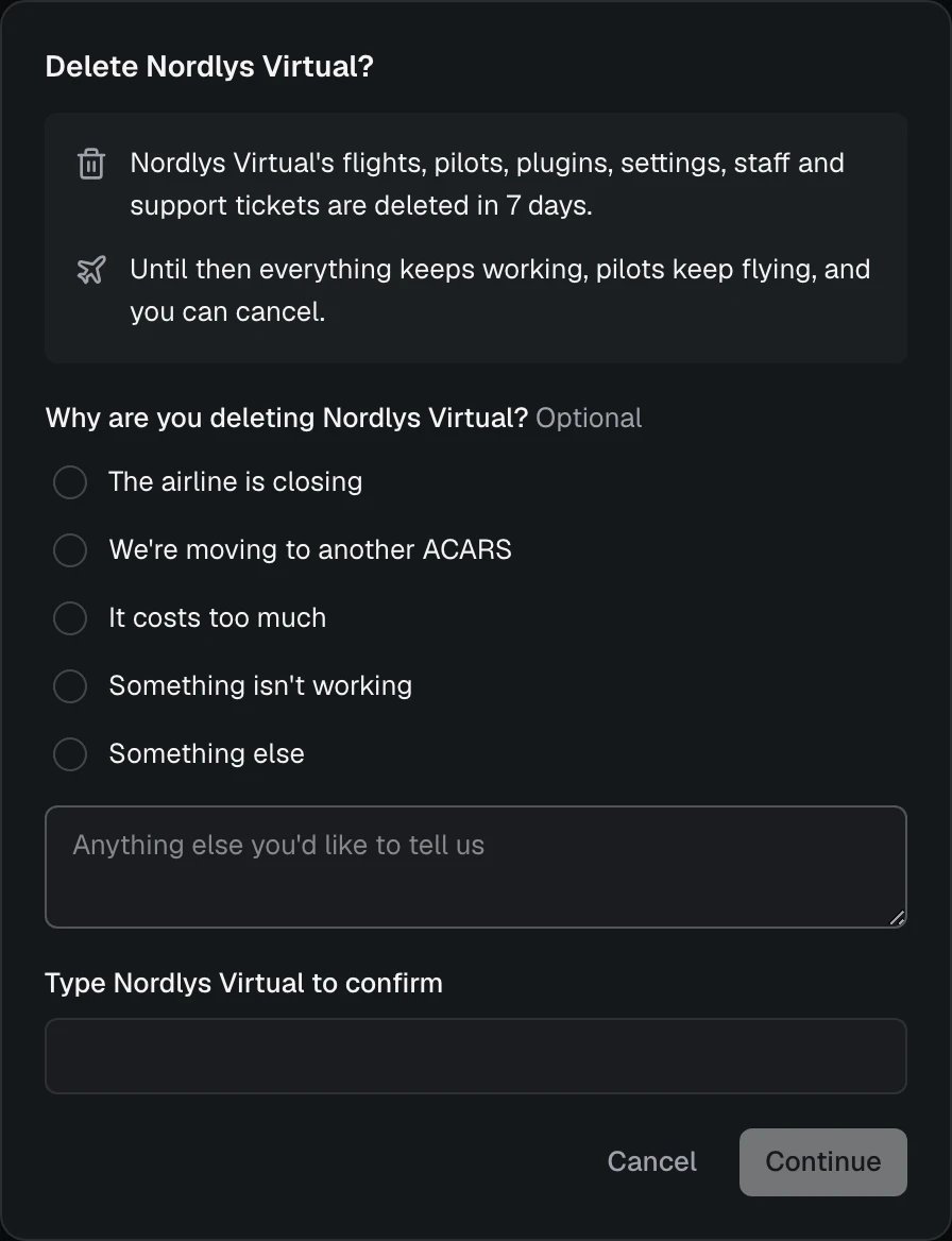 Delete Nordlys Virtual: what happens, an optional reason, and typing the name to confirm