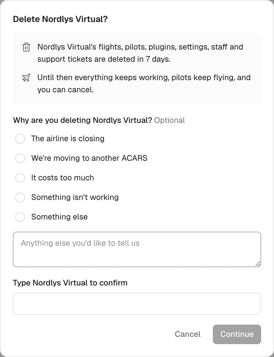 Delete Nordlys Virtual: what happens, an optional reason, and typing the name to confirm