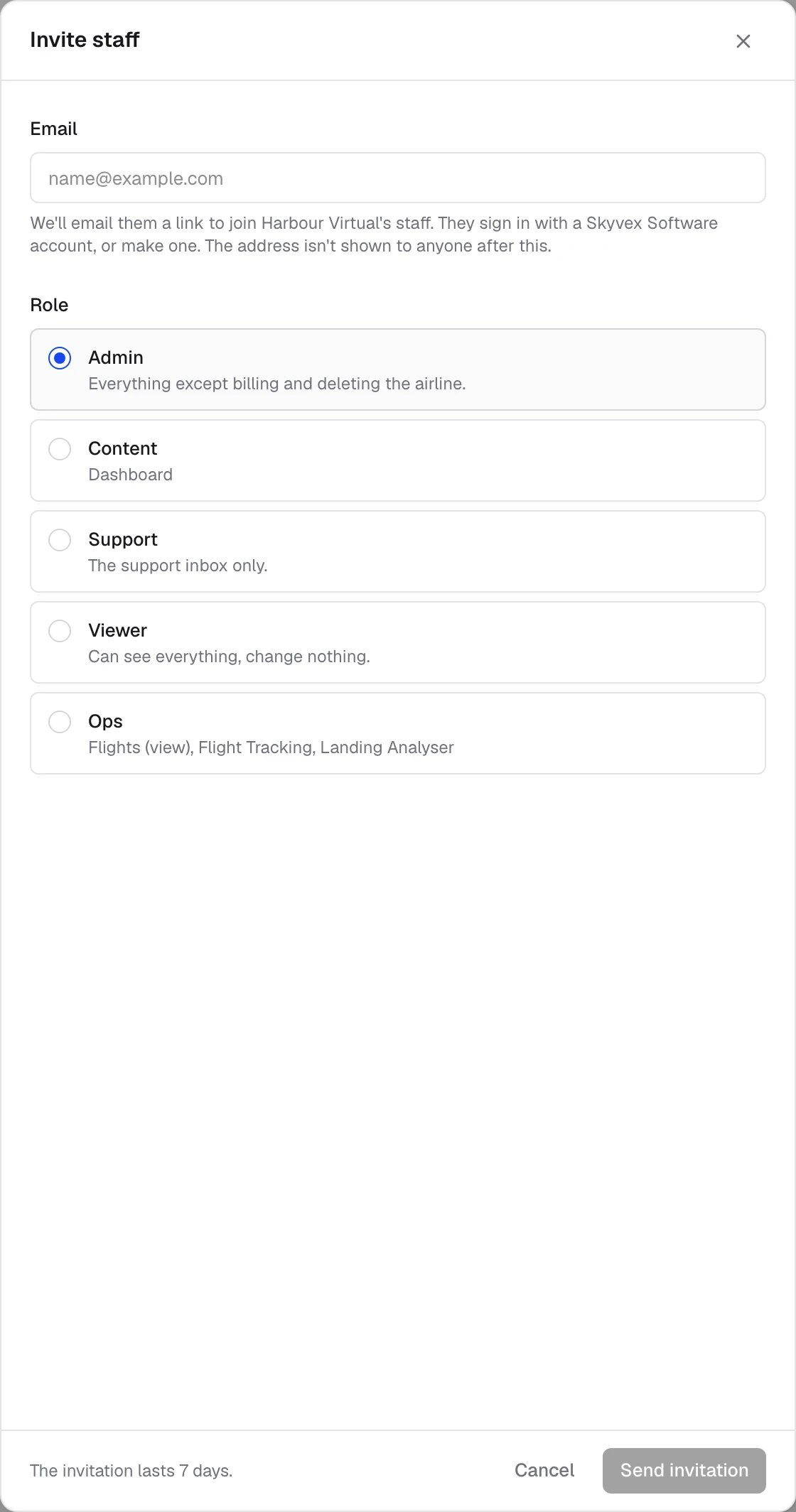 Invite staff: an email address and the role to give them