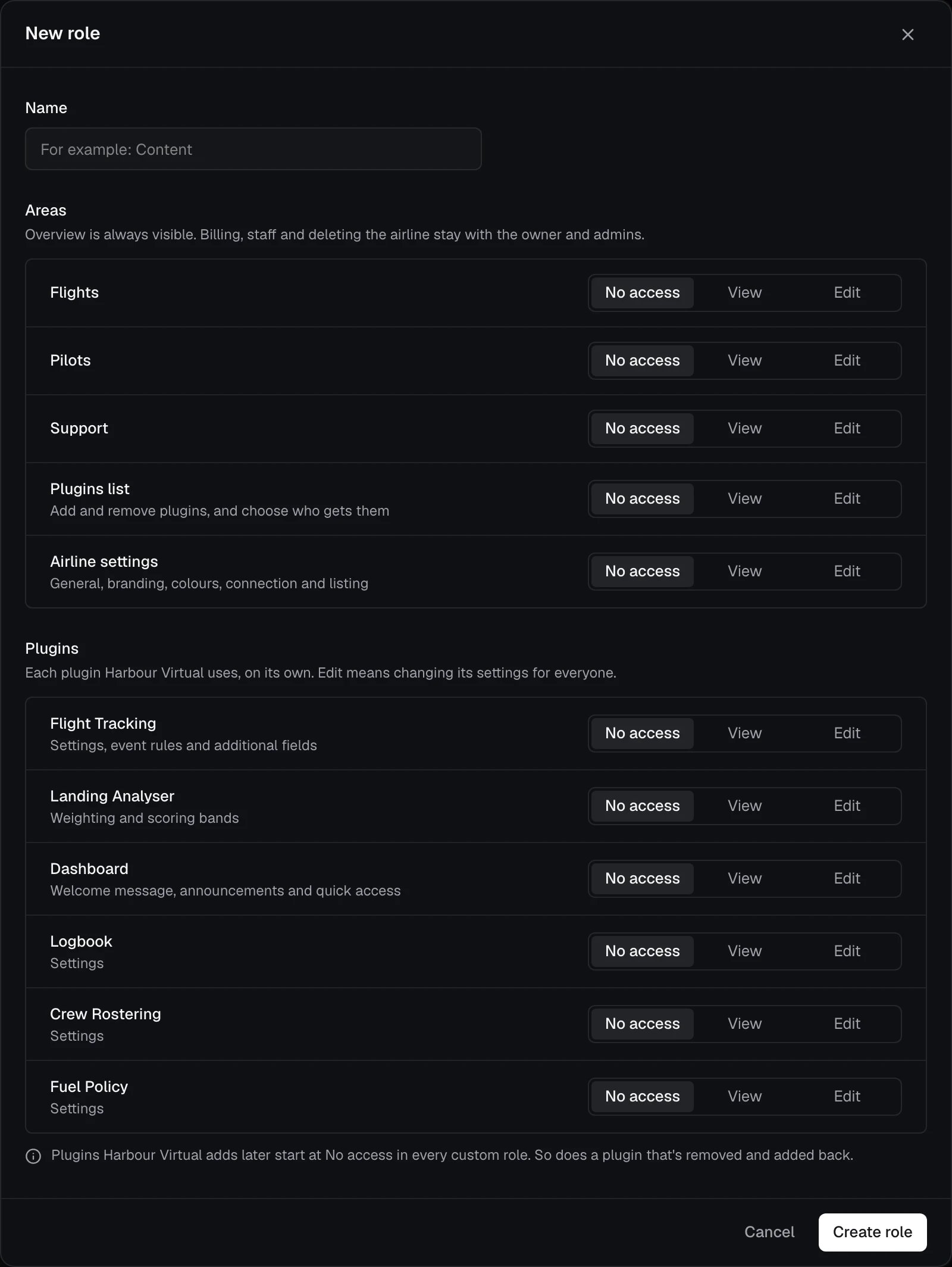 New role: a name, then No access, View or Edit for each area and plugin