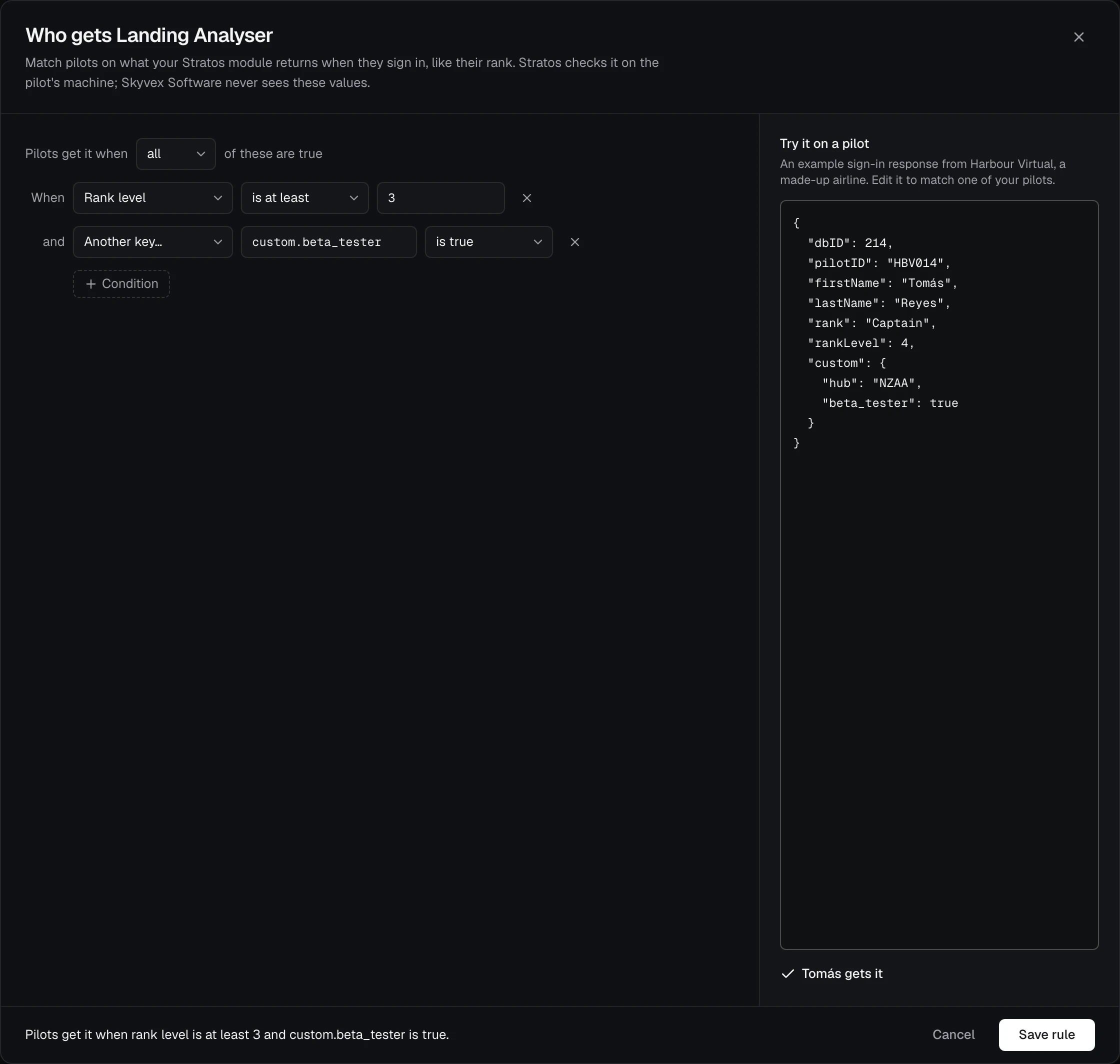 Who gets Landing Analyser: rank level is at least 3 and custom.beta_tester is true, with Try it on a pilot beside it