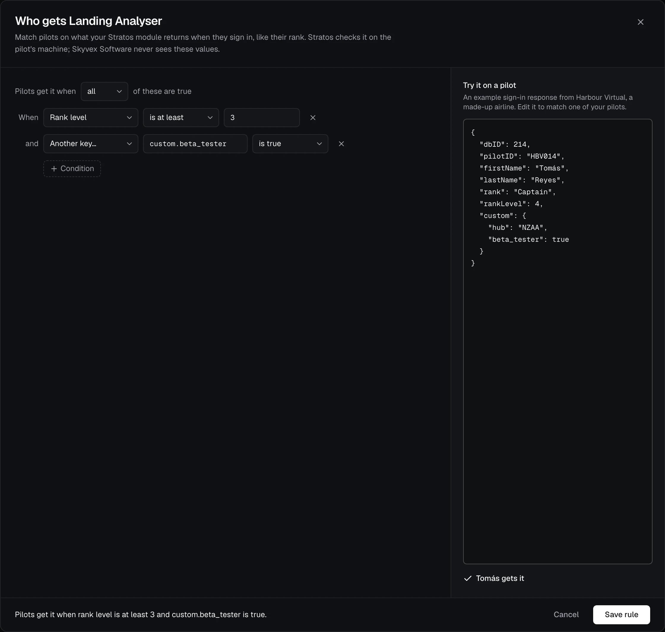 Who gets Landing Analyser: rank level is at least 3 and custom.beta_tester is true, with Try it on a pilot beside it