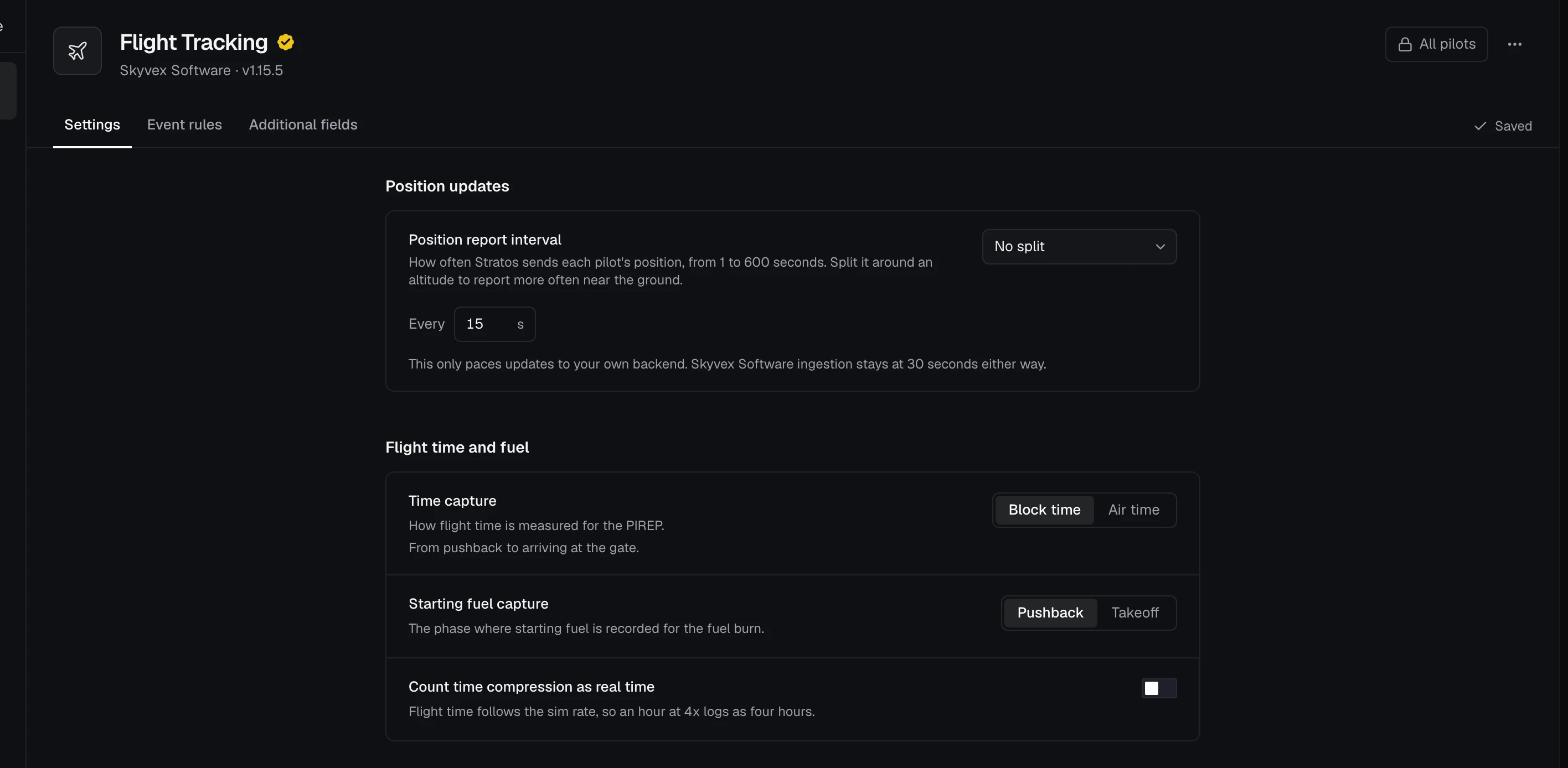 Flight Tracking's settings for the airline