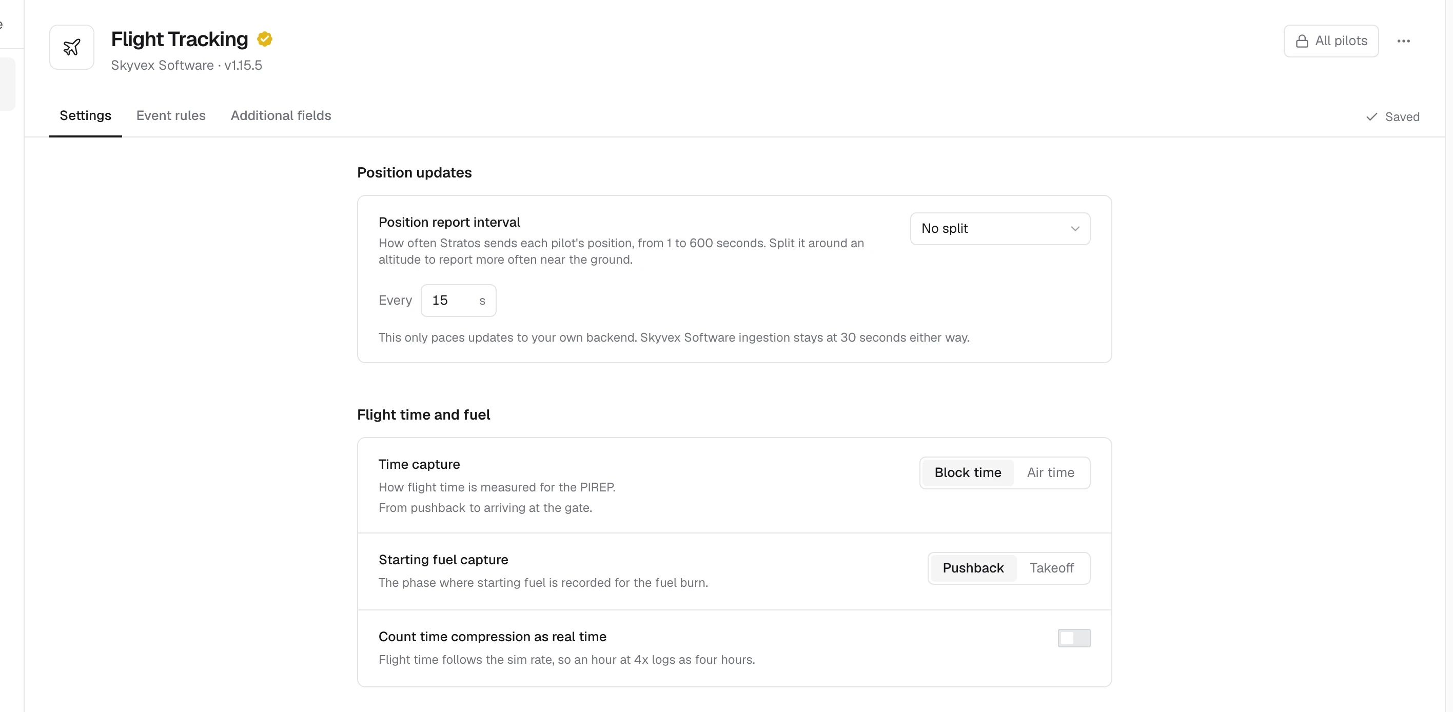 Flight Tracking's settings for the airline