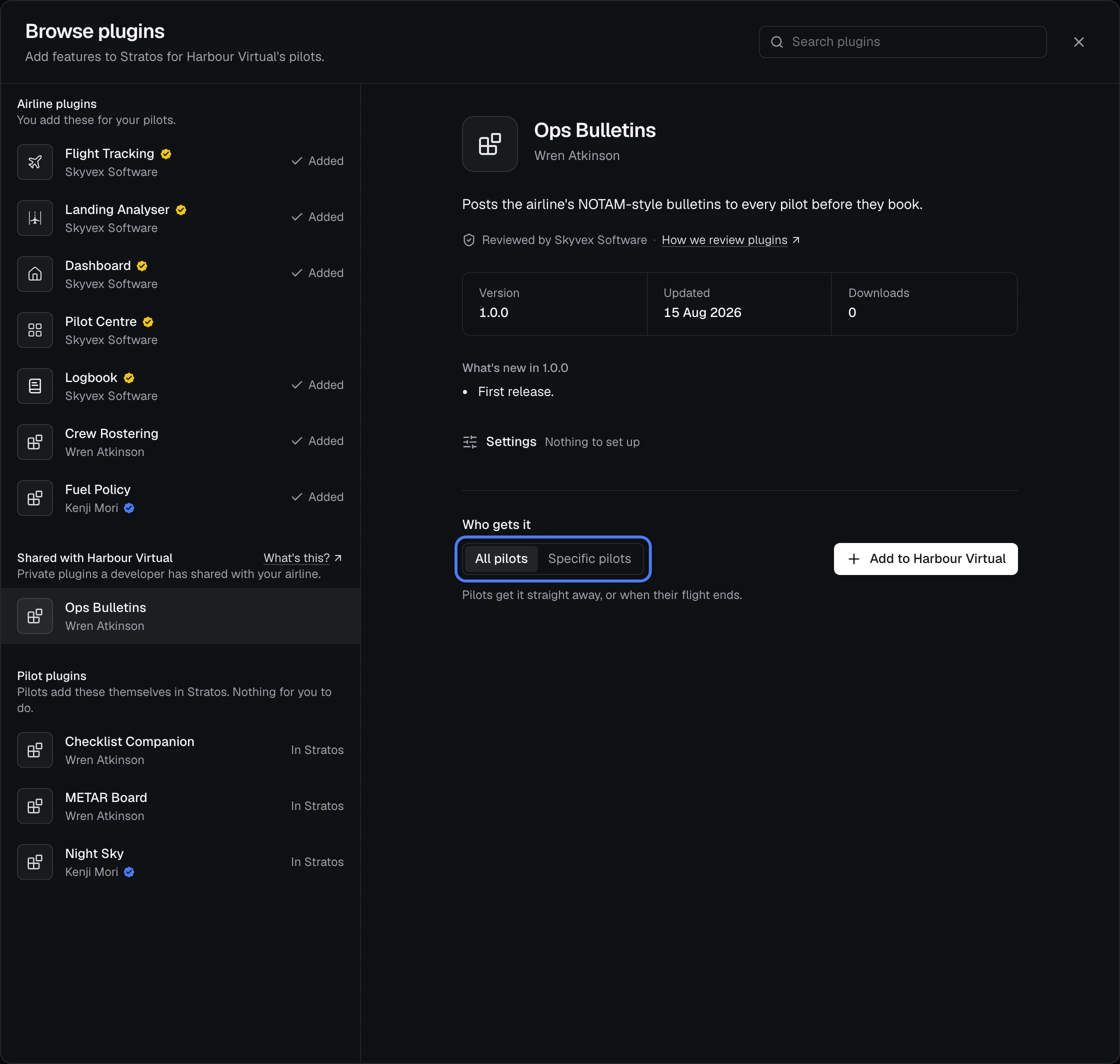 Browse plugins with Ops Bulletins, a private plugin shared with the airline, picked: choosing All pilots or Specific pilots before adding it