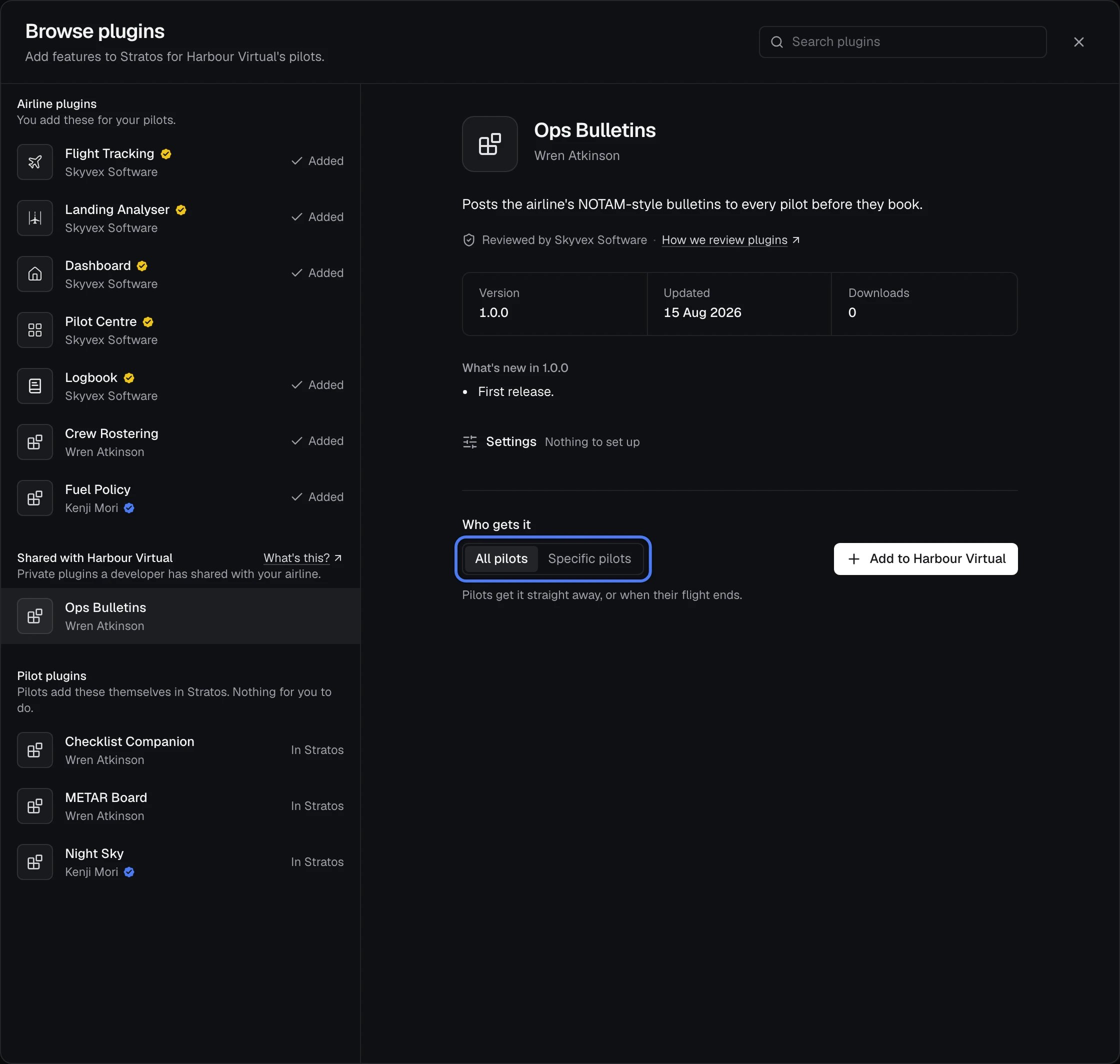 Browse plugins with Ops Bulletins, a private plugin shared with the airline, picked: choosing All pilots or Specific pilots before adding it