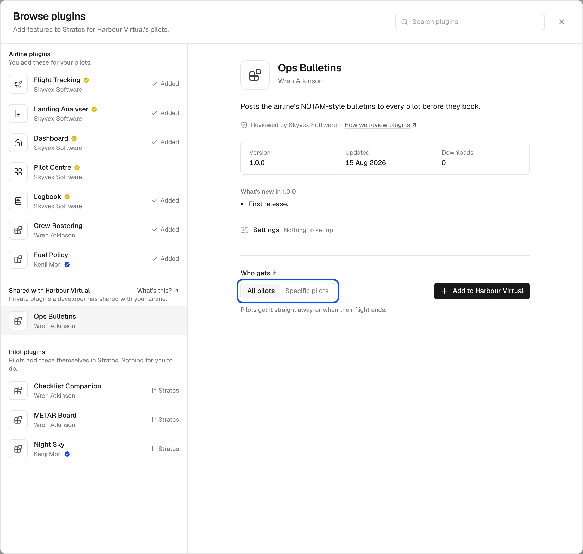 Browse plugins with Ops Bulletins, a private plugin shared with the airline, picked: choosing All pilots or Specific pilots before adding it