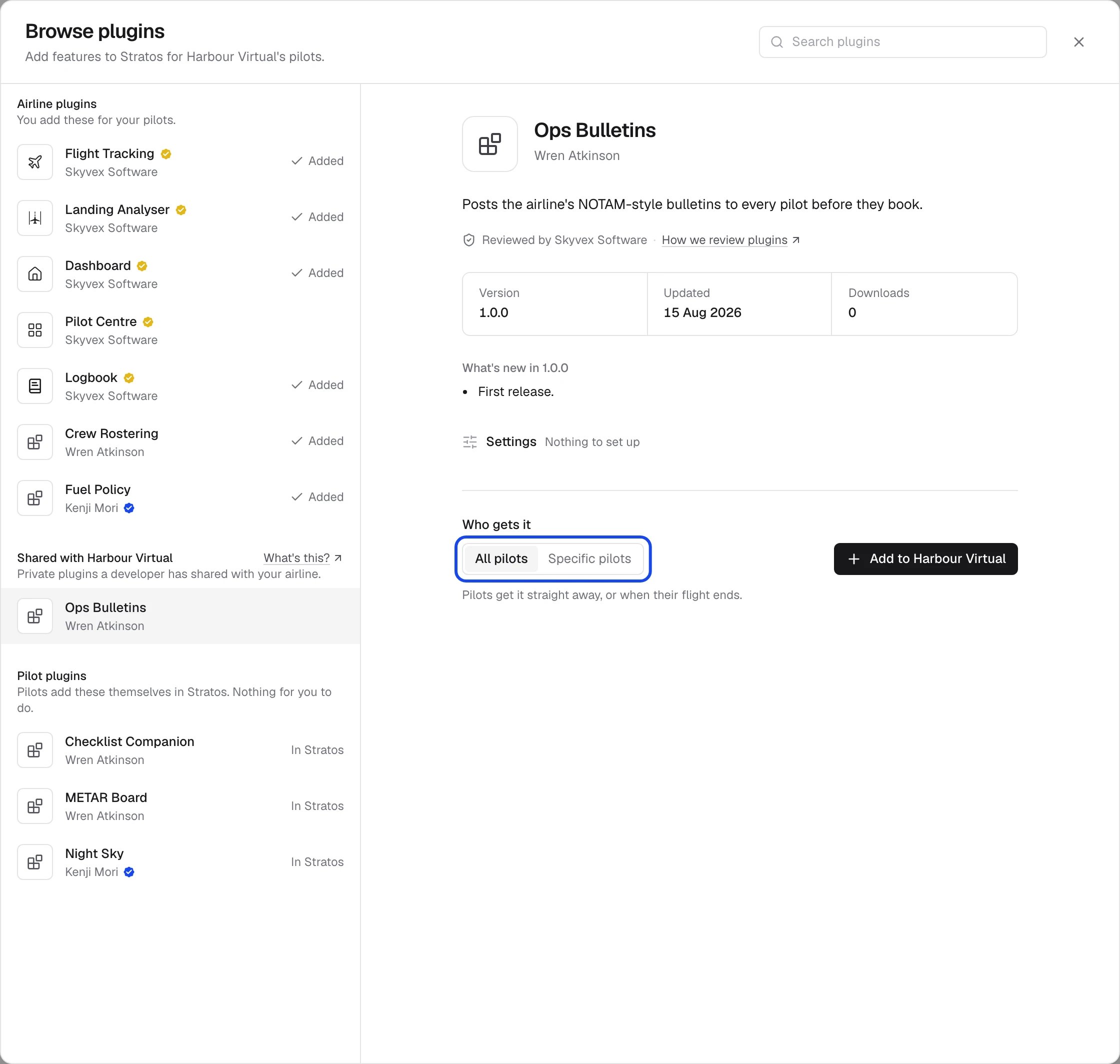Browse plugins with Ops Bulletins, a private plugin shared with the airline, picked: choosing All pilots or Specific pilots before adding it