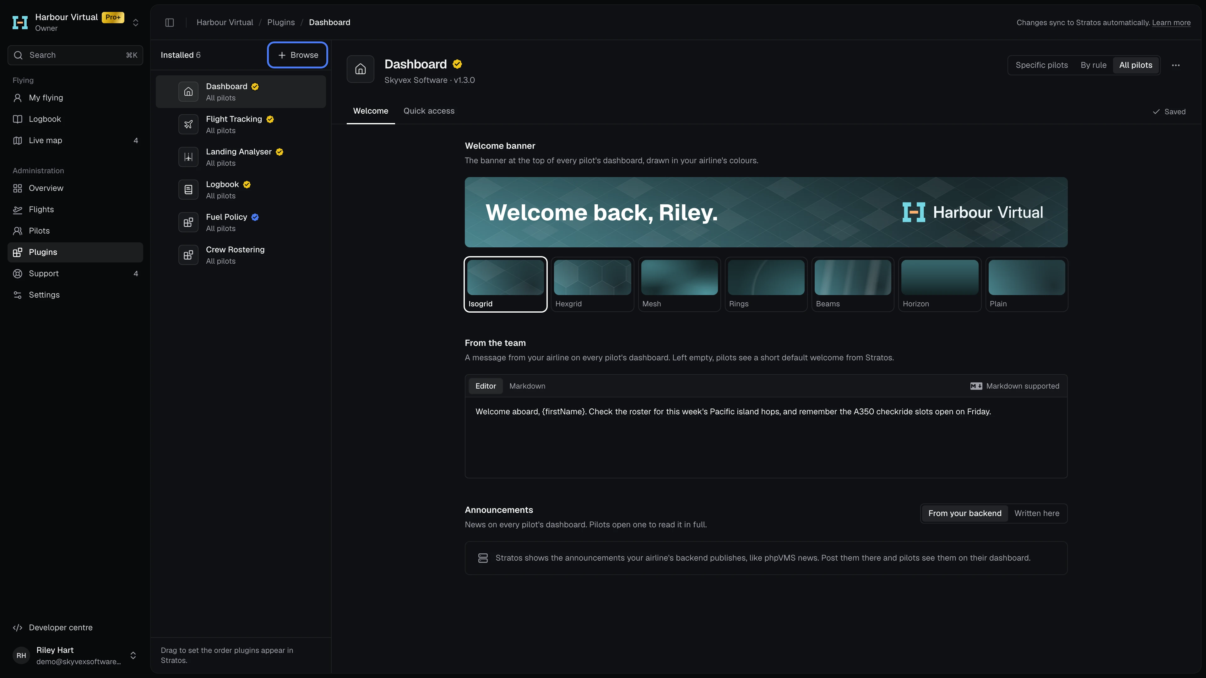 The airline's Plugins, in the order pilots see them, with Browse