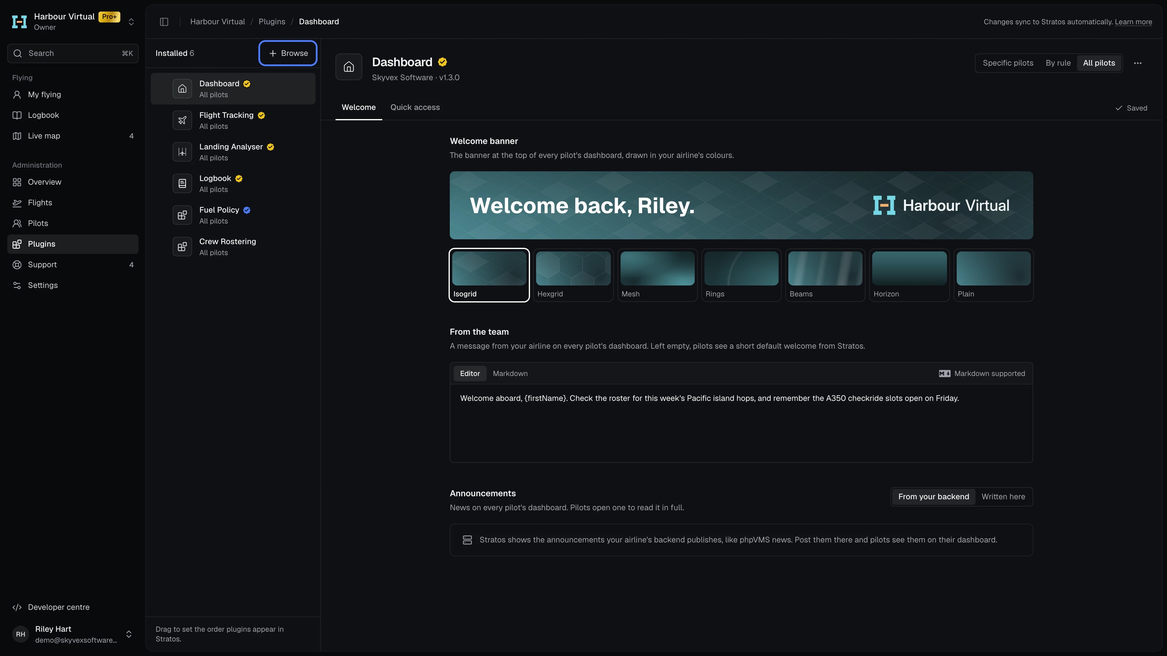The airline's Plugins, in the order pilots see them, with Browse