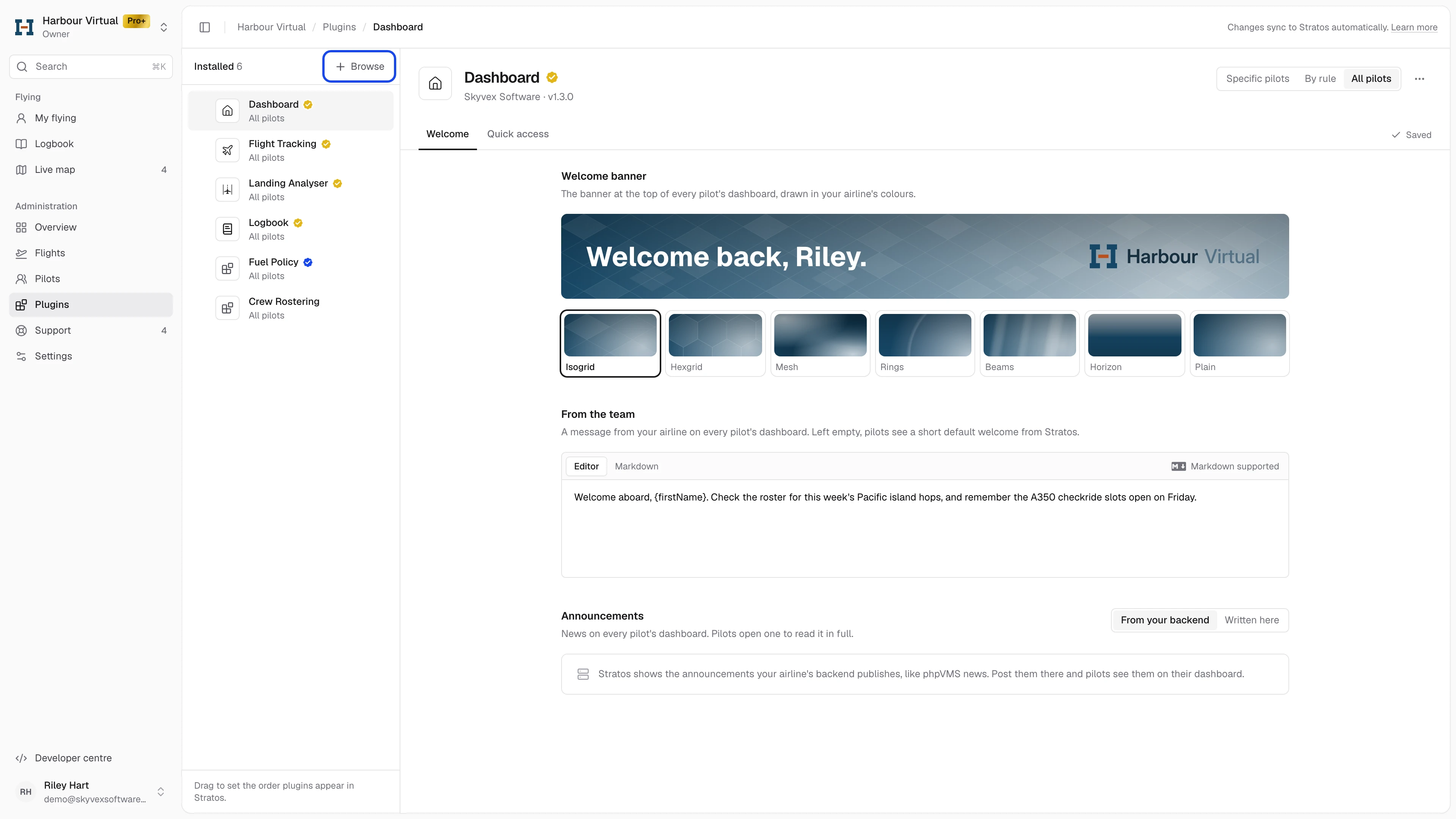The airline's Plugins, in the order pilots see them, with Browse