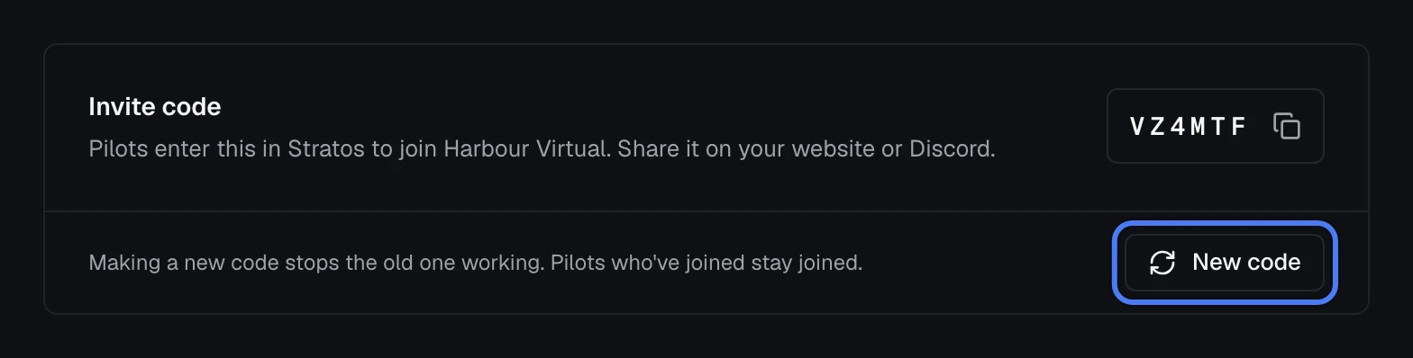 Settings, General tab, with the airline's invite code and New code