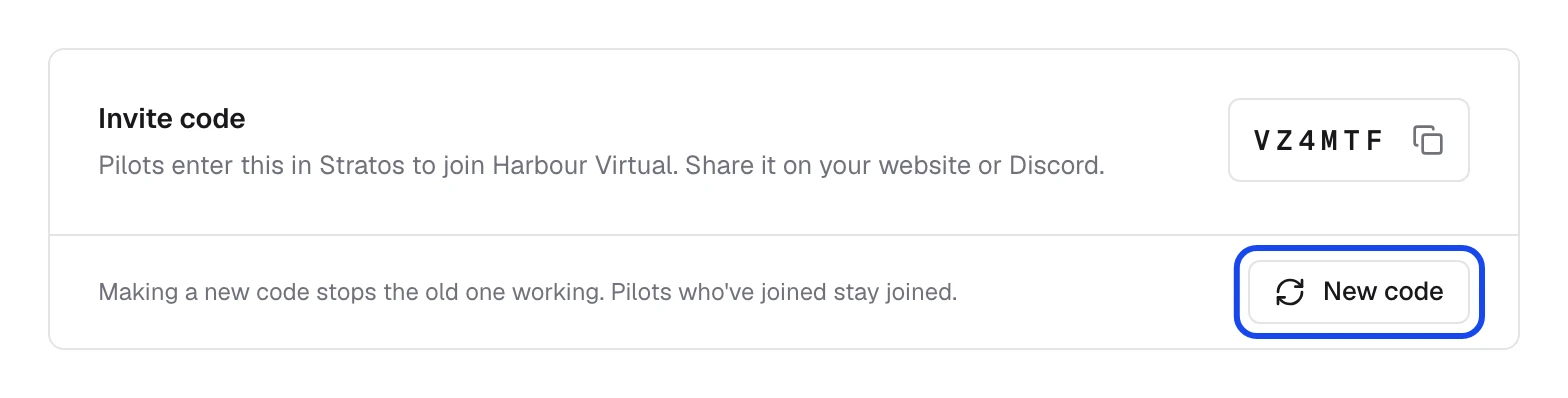 Settings, General tab, with the airline's invite code and New code