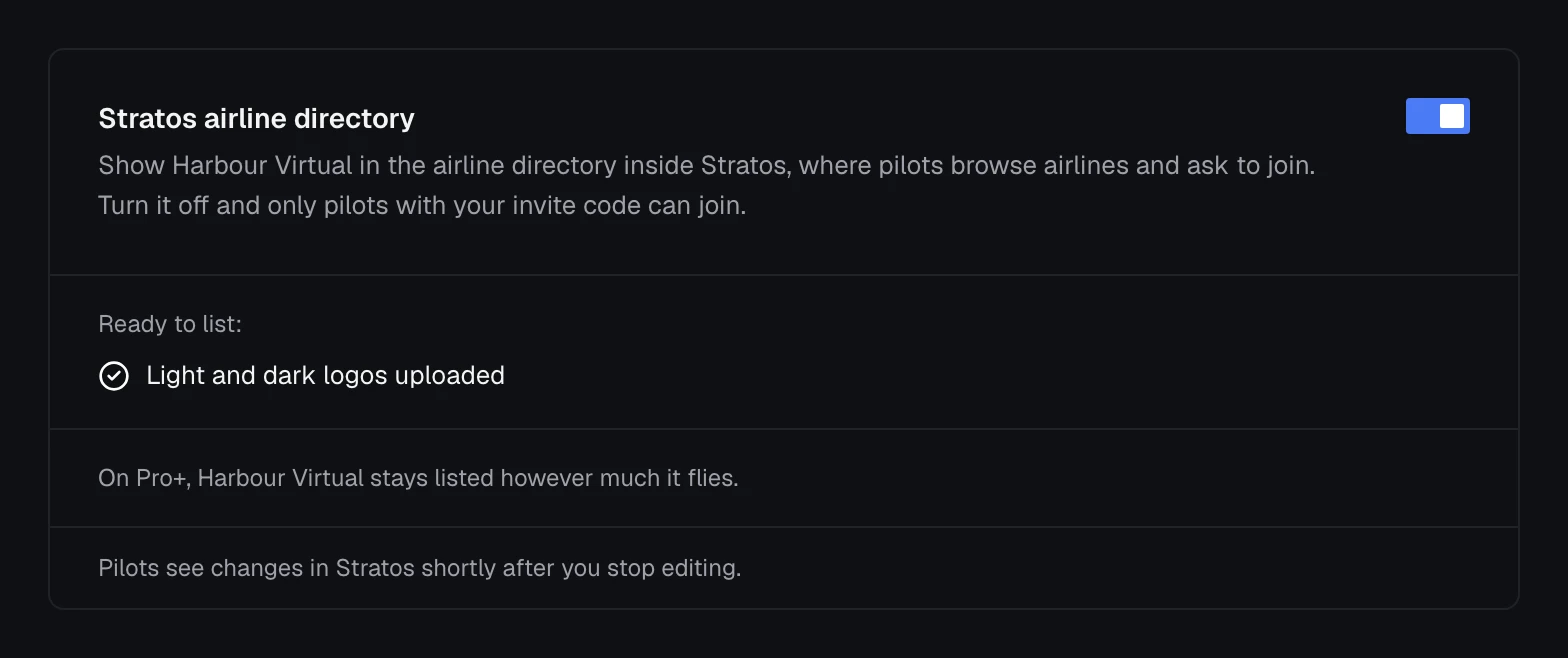 Settings, Listing tab, with the Stratos airline directory switch