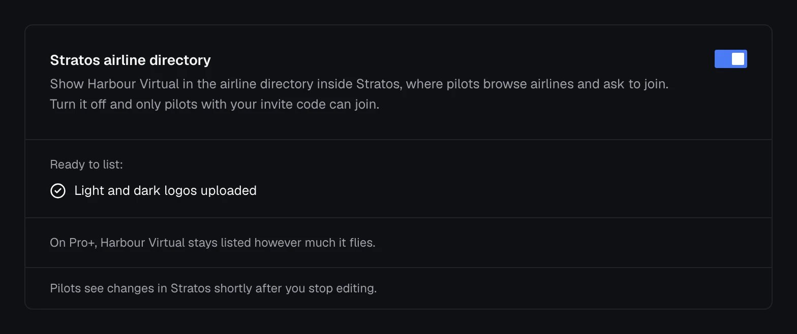 Settings, Listing tab, with the Stratos airline directory switch