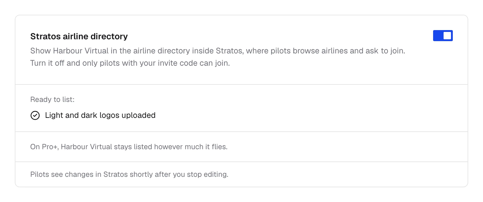 Settings, Listing tab, with the Stratos airline directory switch