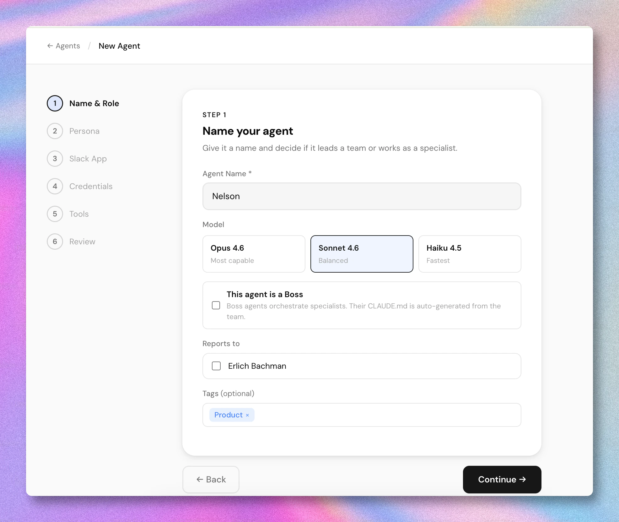 Wizard step 1 — name your agent, pick a model, optionally mark as Boss