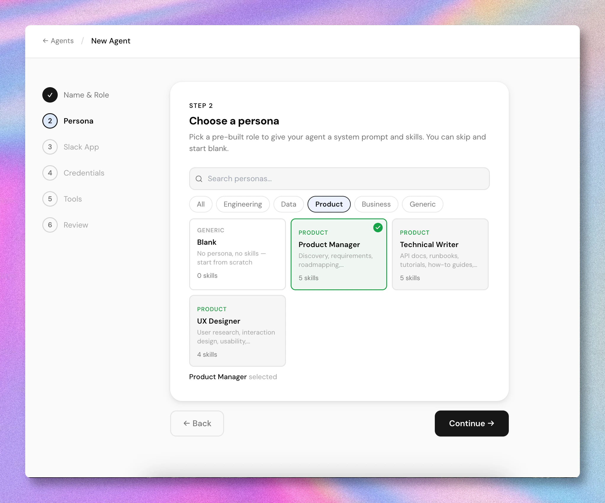 Wizard step 2 — choose a research-backed persona or start blank