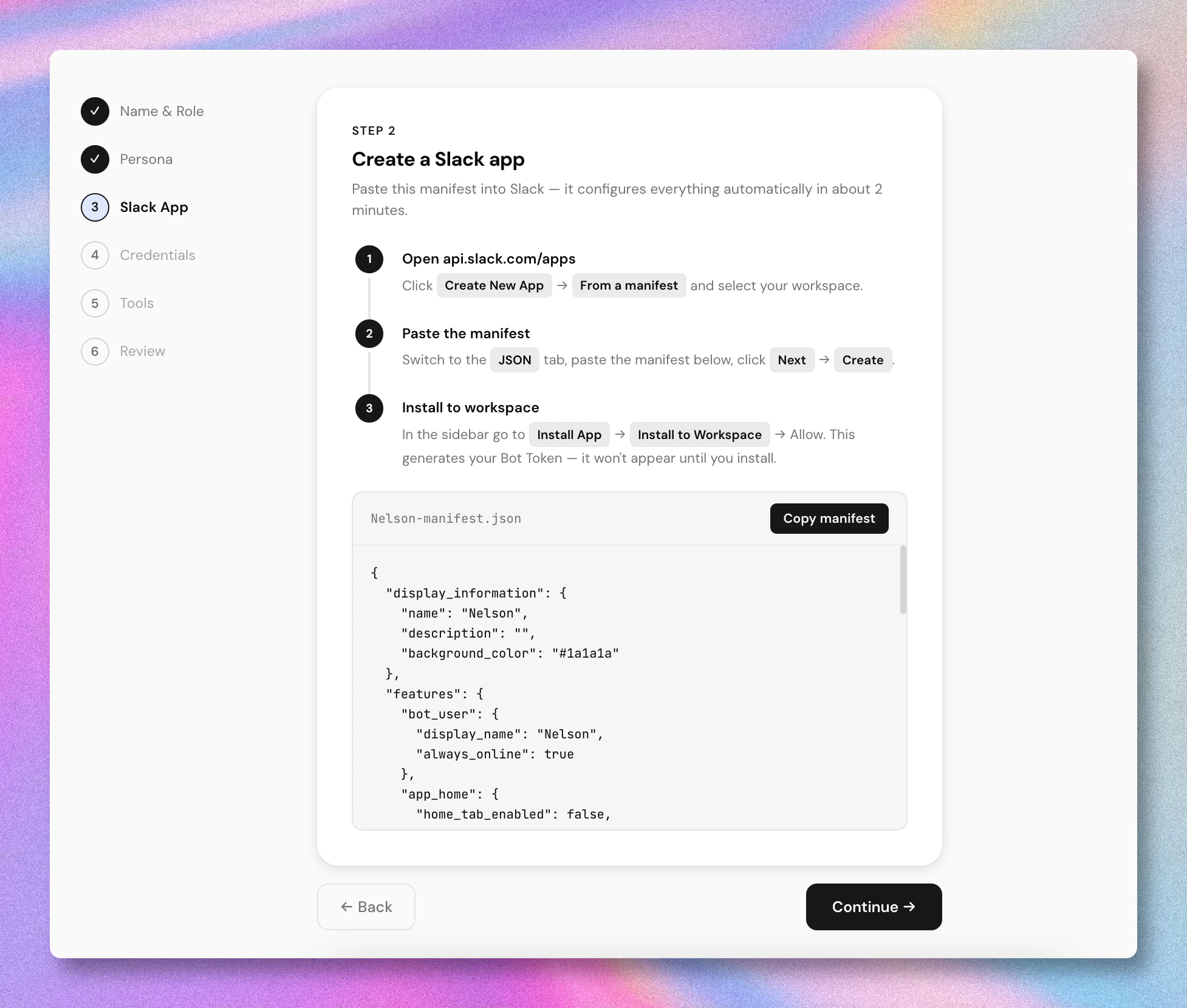 Wizard step 3 — pre-built Slack manifest with copy button and three numbered substeps