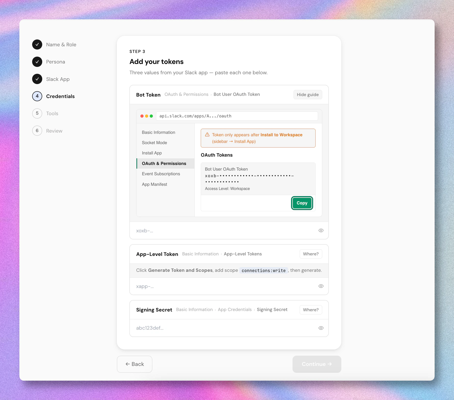 Wizard step 4 — paste Bot Token, App Token, Signing Secret with inline 'where to find it' guide
