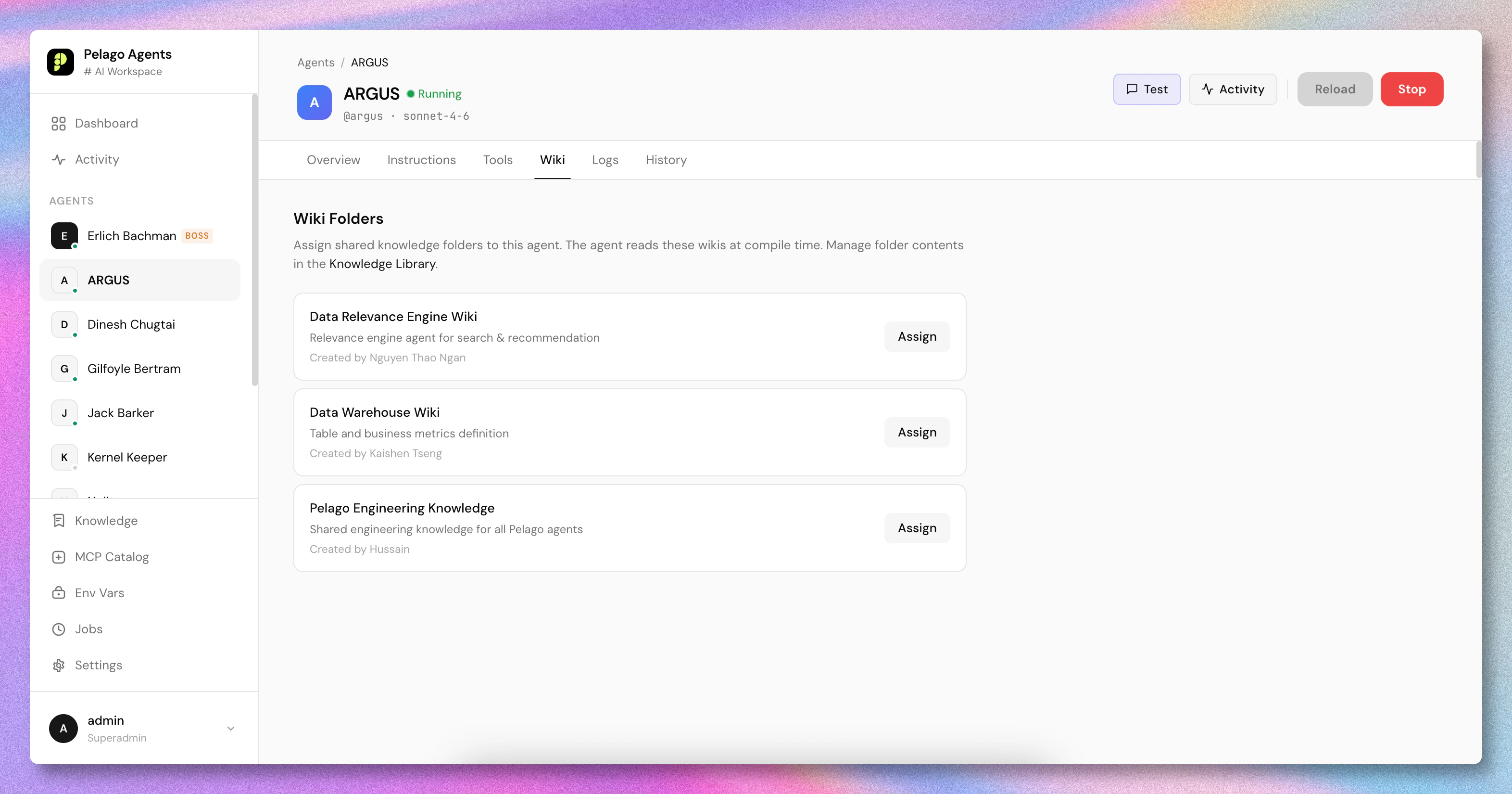 Agent's Wiki tab showing assignable wiki folders from the Knowledge Library