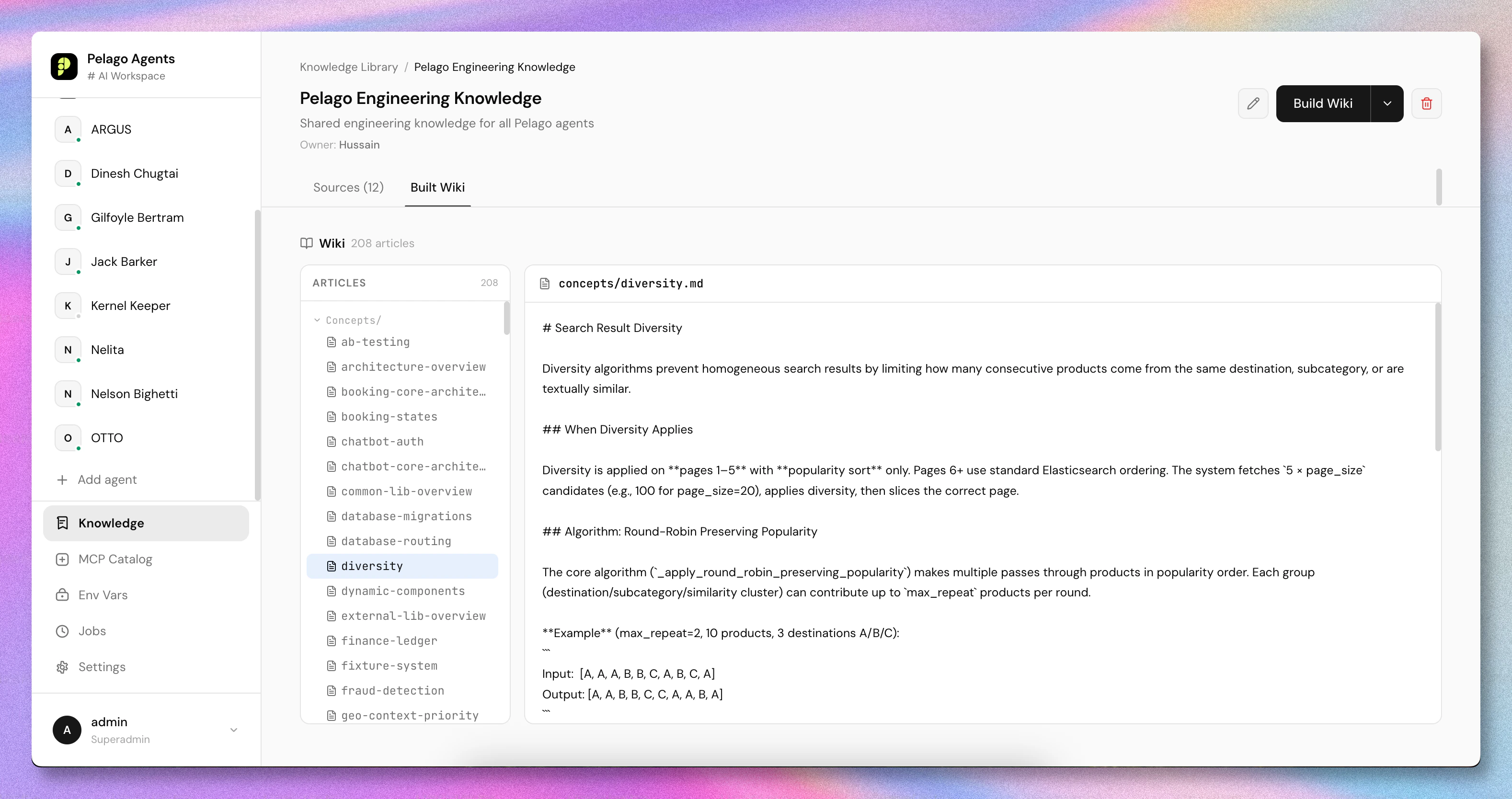 A built wiki folder with the article tree on the left and concepts/diversity.md open on the right