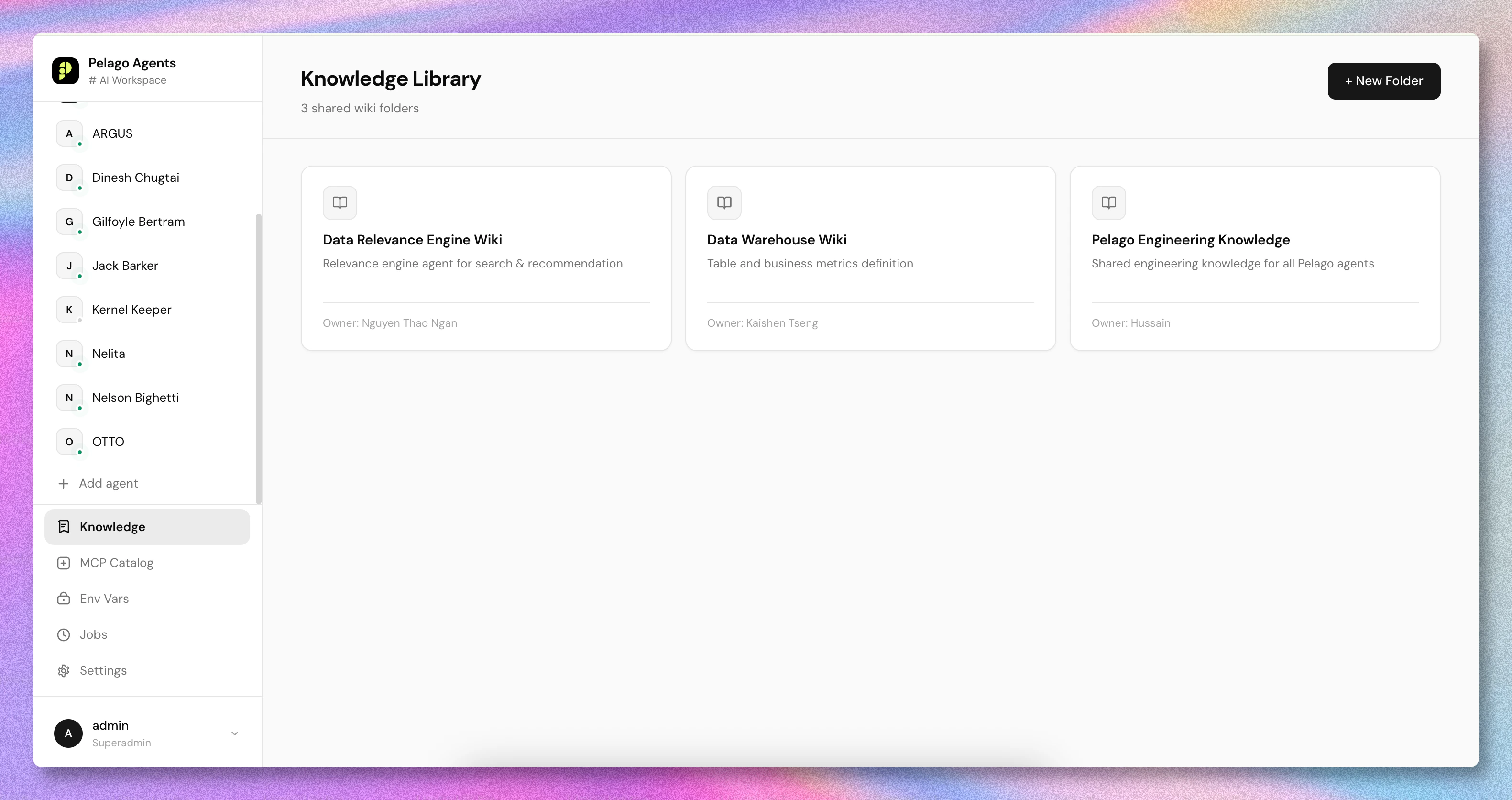 Knowledge Library showing three shared wiki folders with their owners
