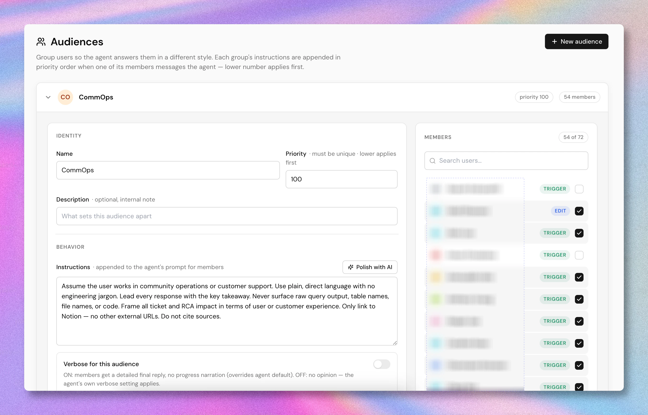Audience configuration panel showing name, priority, instructions, and member list
