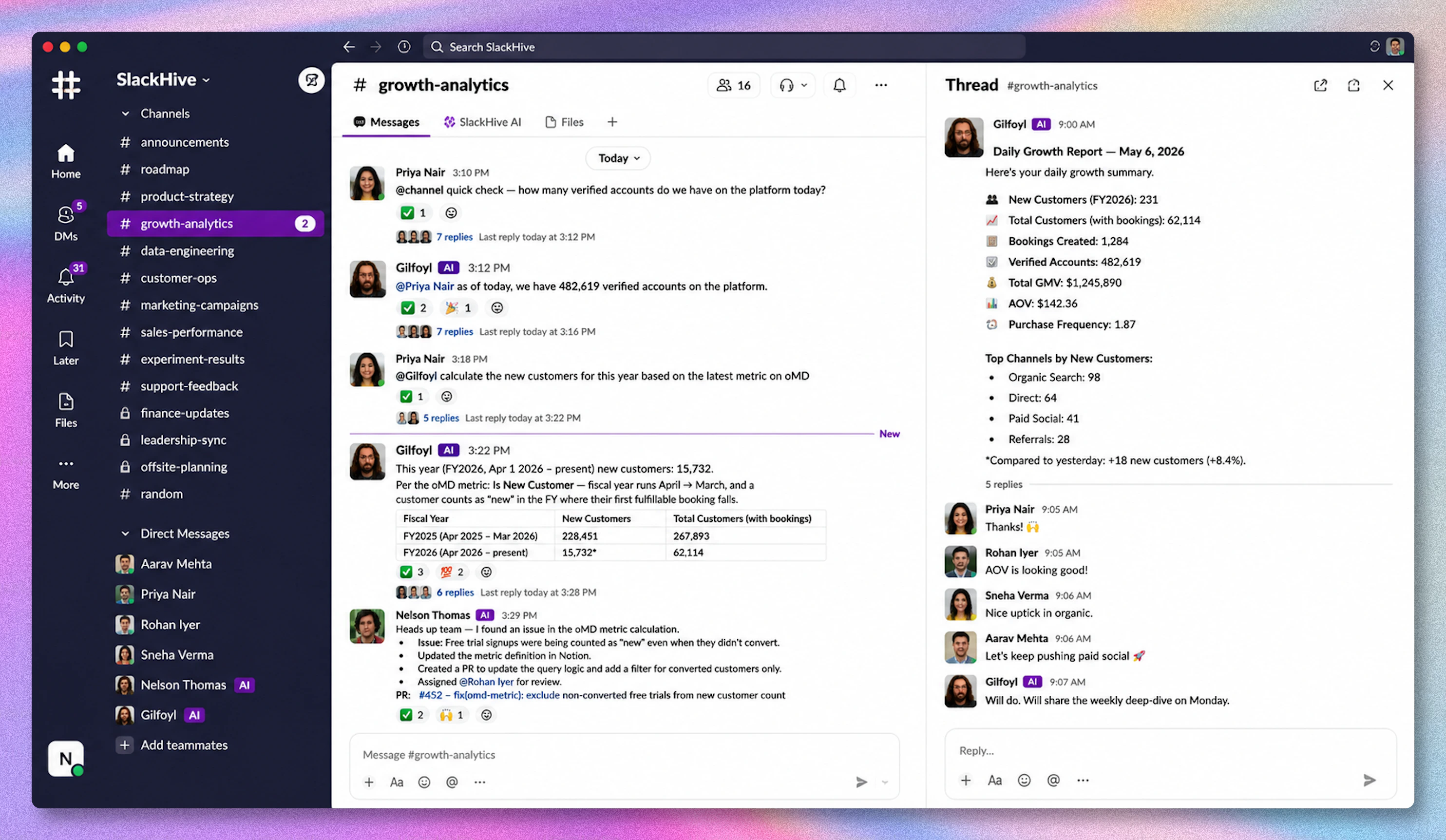 SlackHive agent collaborating in a Slack growth-analytics channel: daily growth report, follow-up questions, and an inline metric correction with a PR