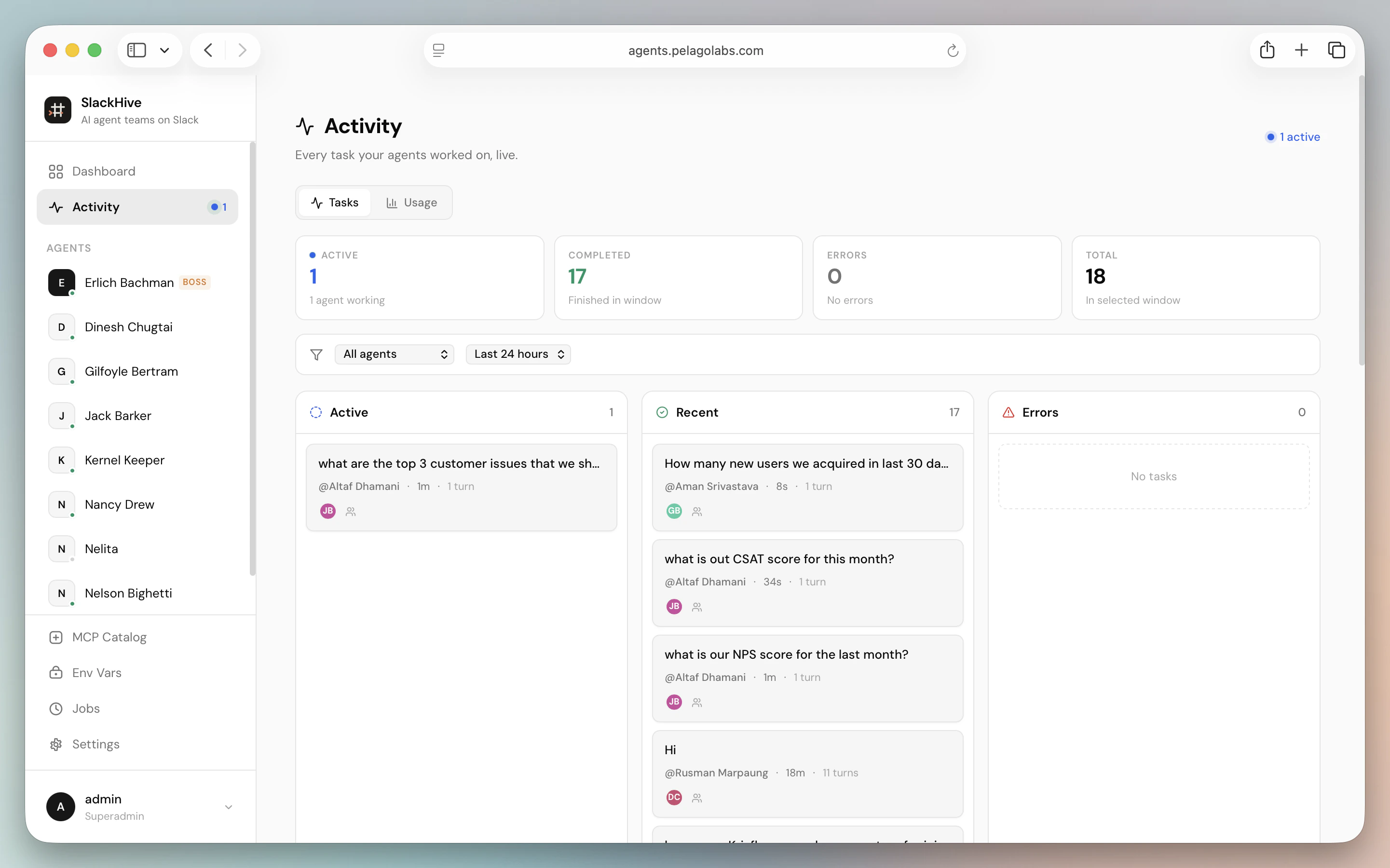 Activity dashboard showing active, recent, and error tasks