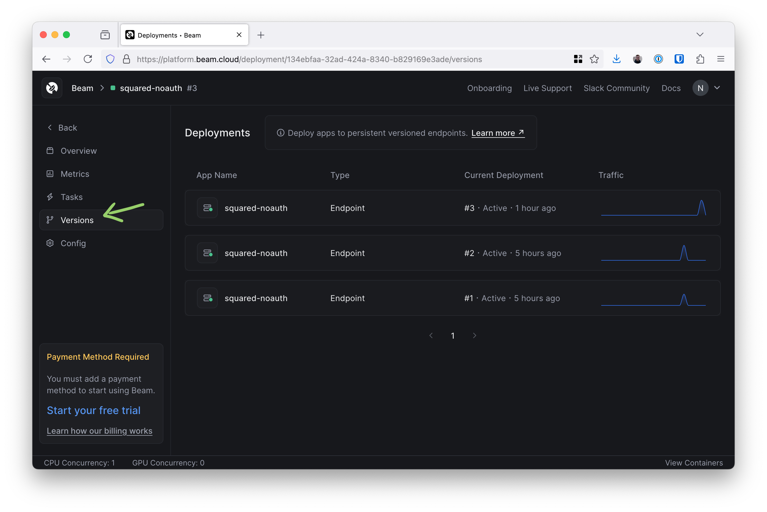 Deployment versions page